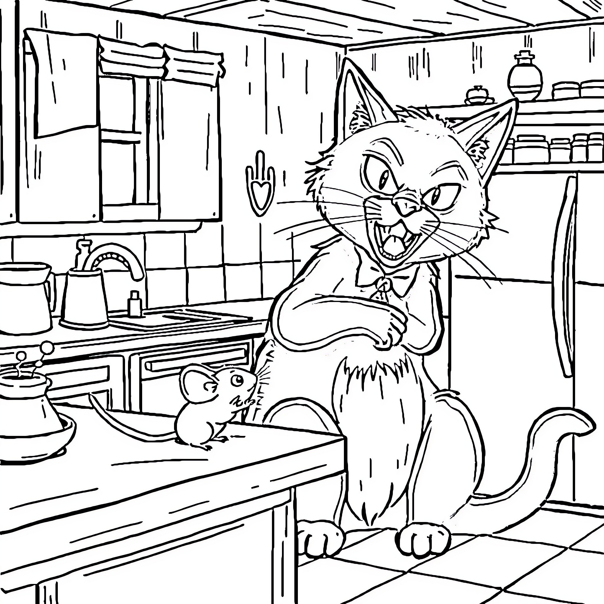 Cat exploring the kitchen with mouse Coloring Page (free black-and-white line drawing printable PDF for all, from beginners to advanced learners, including children, teens, adults, and seniors)