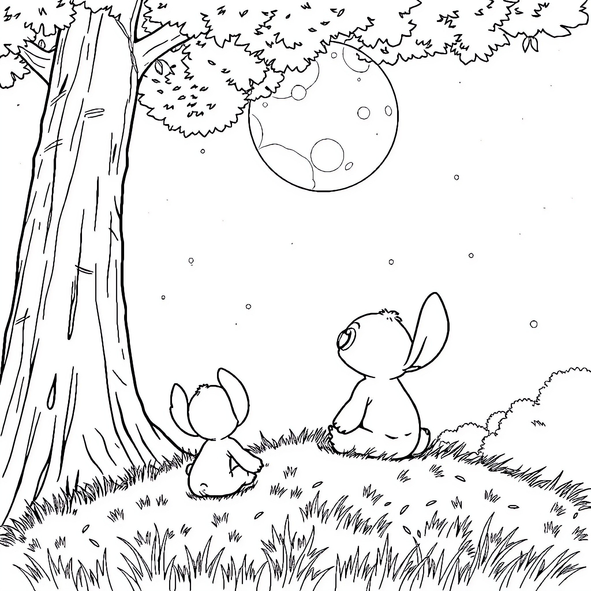 Stitch watching over playful bunnies in the moonlight Coloring Page (free black-and-white line drawing printable PDF for all, from beginners to advanced learners, including children, teens, adults, and seniors)