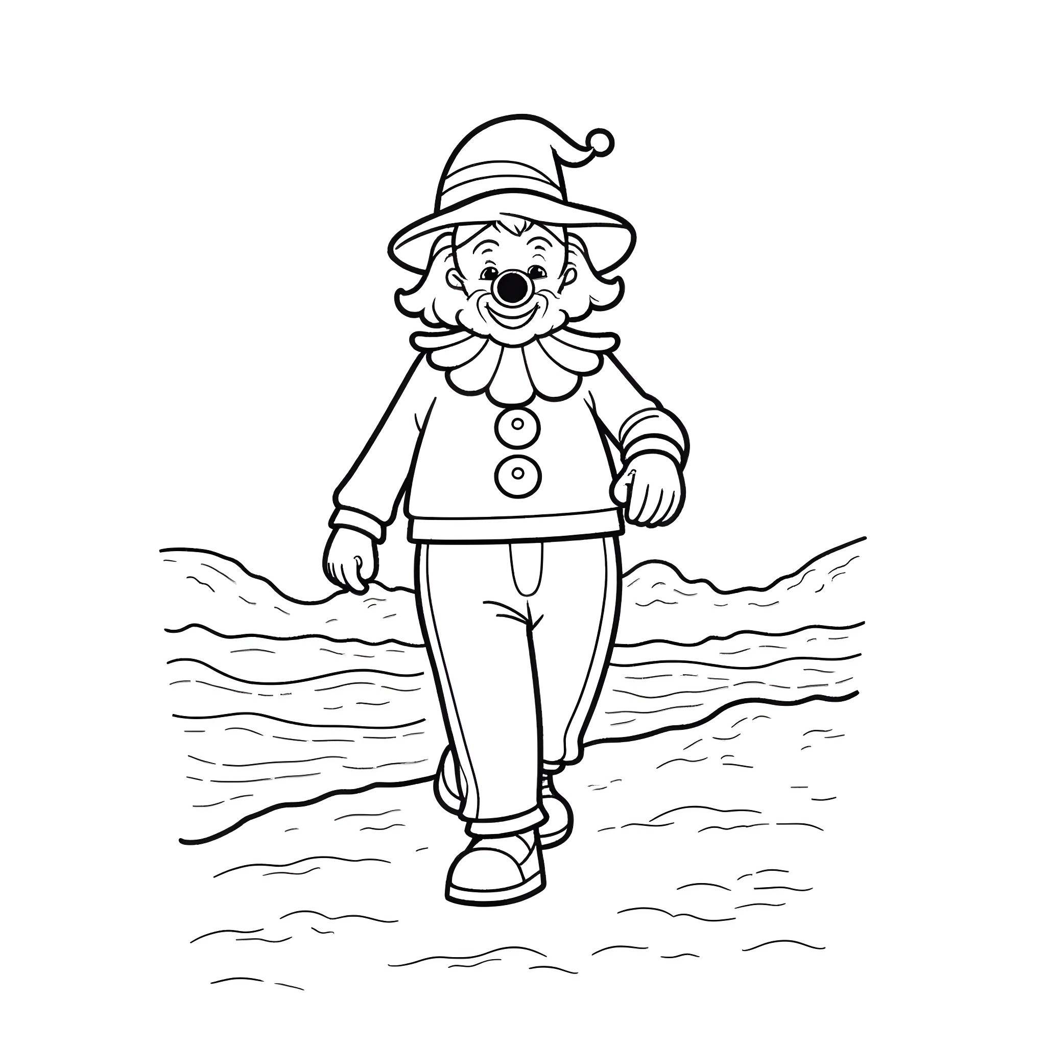 Clown standing with joyful expression Coloring Page (free black-and-white line drawing printable PDF for all, from beginners to advanced learners, including children, teens, adults, and seniors)