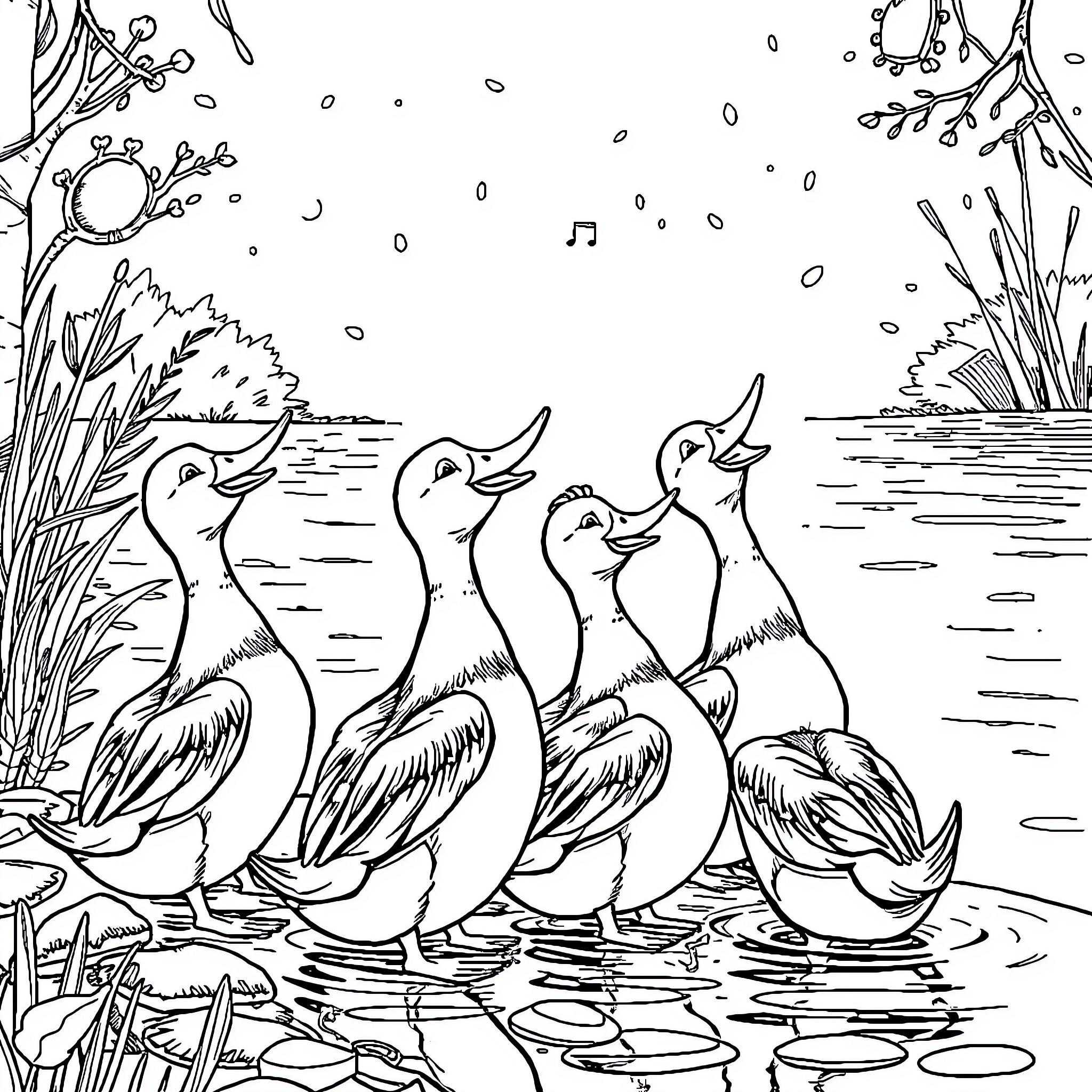Duck Ducklings Wading in Pond Coloring Page (free black-and-white line drawing printable PDF for all, from beginners to advanced learners, including children, teens, adults, and seniors)