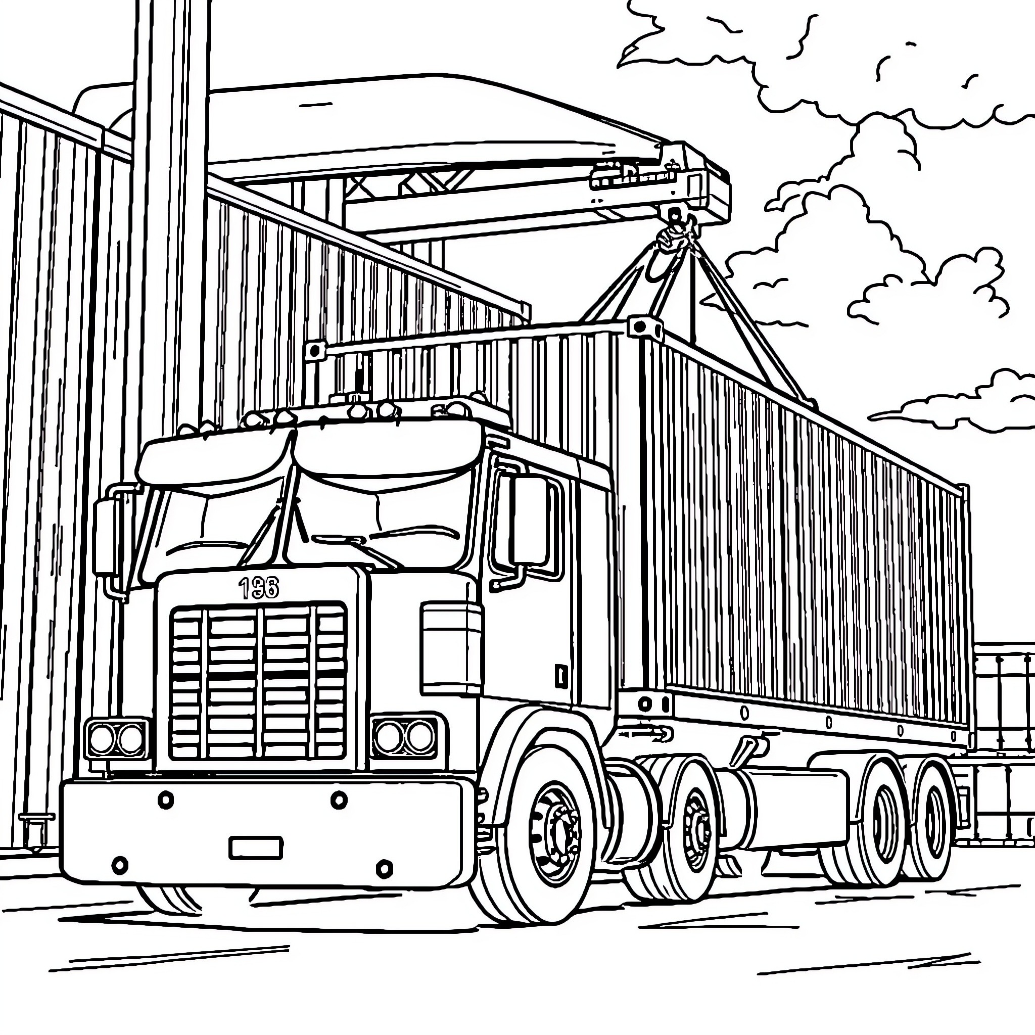 Truck transporting cargo containers in industrial setting Coloring Page (free black-and-white line drawing printable PDF for all, from beginners to advanced learners, including children, teens, adults, and seniors)