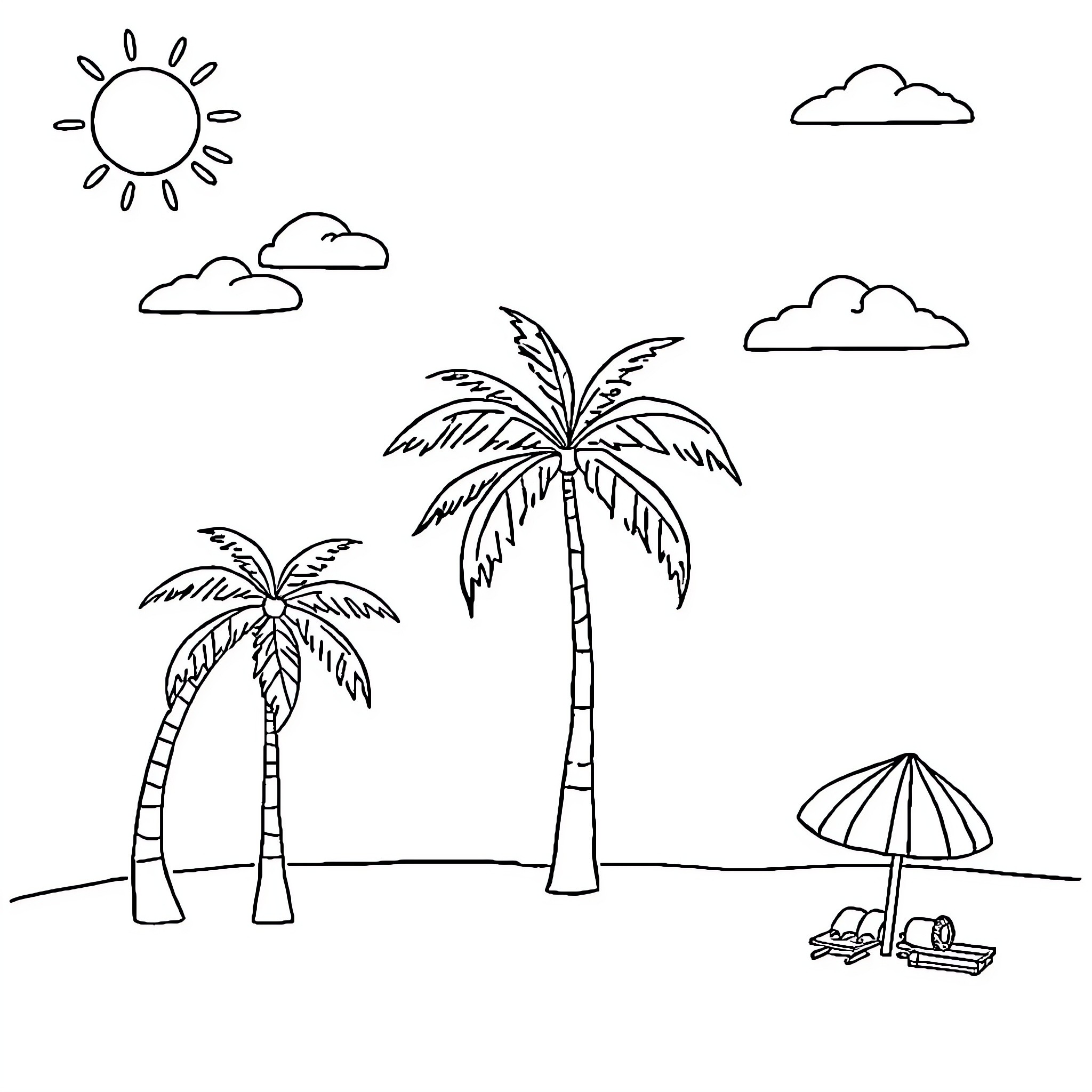 Child playing on a sunny beach with palm trees Coloring Page (free black-and-white line drawing printable PDF for all, from beginners to advanced learners, including children, teens, adults, and seniors)
