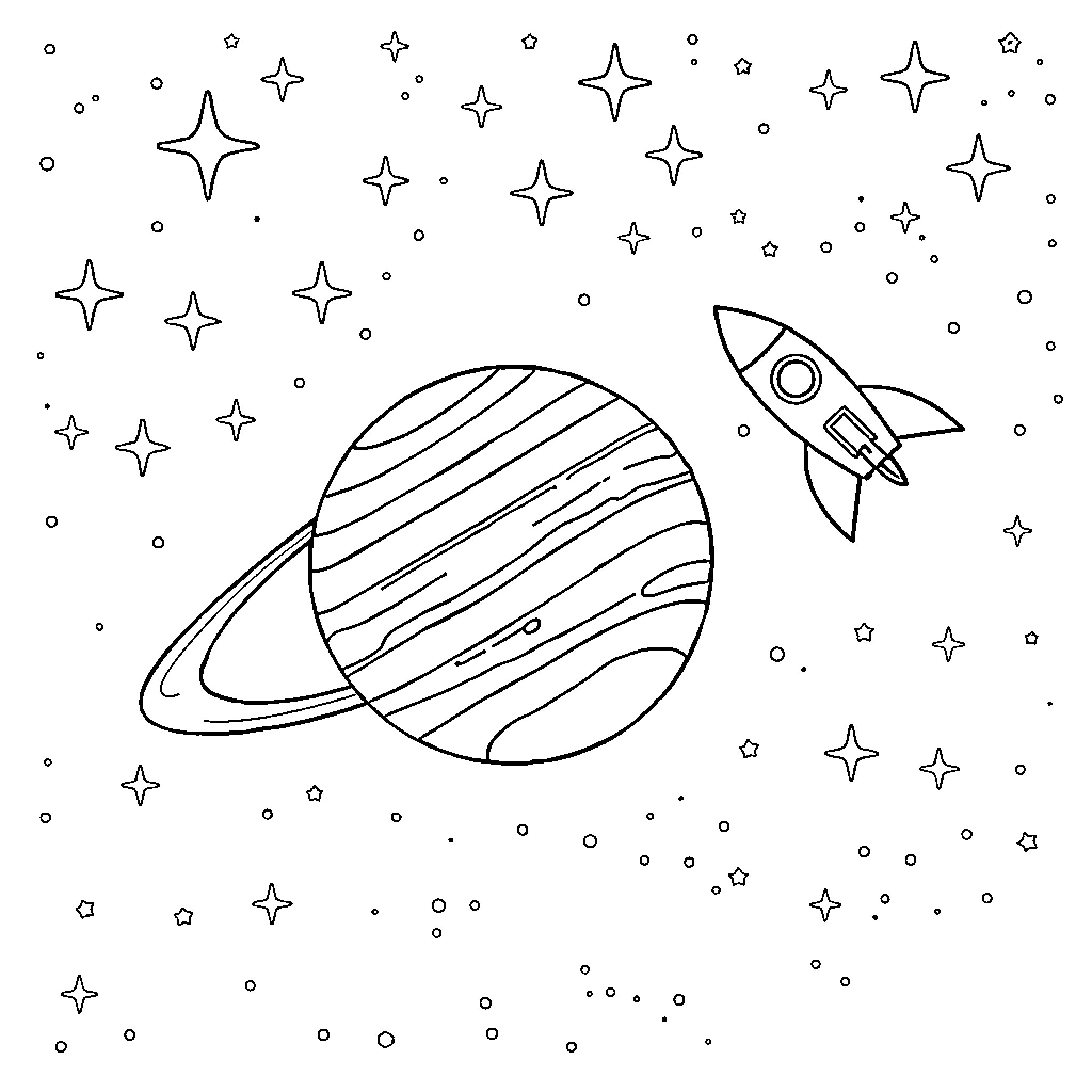 Rocket Ship Blasting Off into the Starry Sky Coloring Page (free black-and-white line drawing printable PDF for all, from beginners to advanced learners, including children, teens, adults, and seniors)