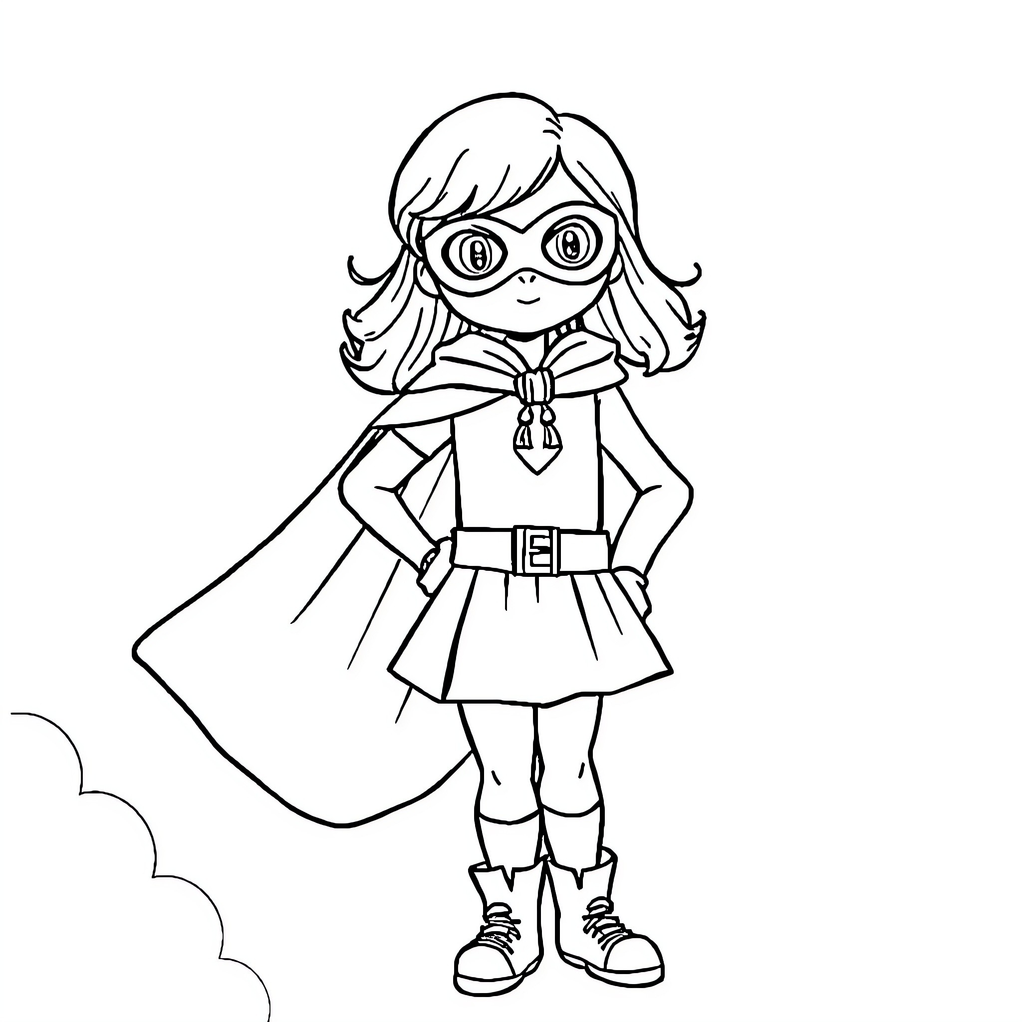 Little Girl Superhero in Costume Coloring Page (free black-and-white line drawing printable PDF for all, from beginners to advanced learners, including children, teens, adults, and seniors)