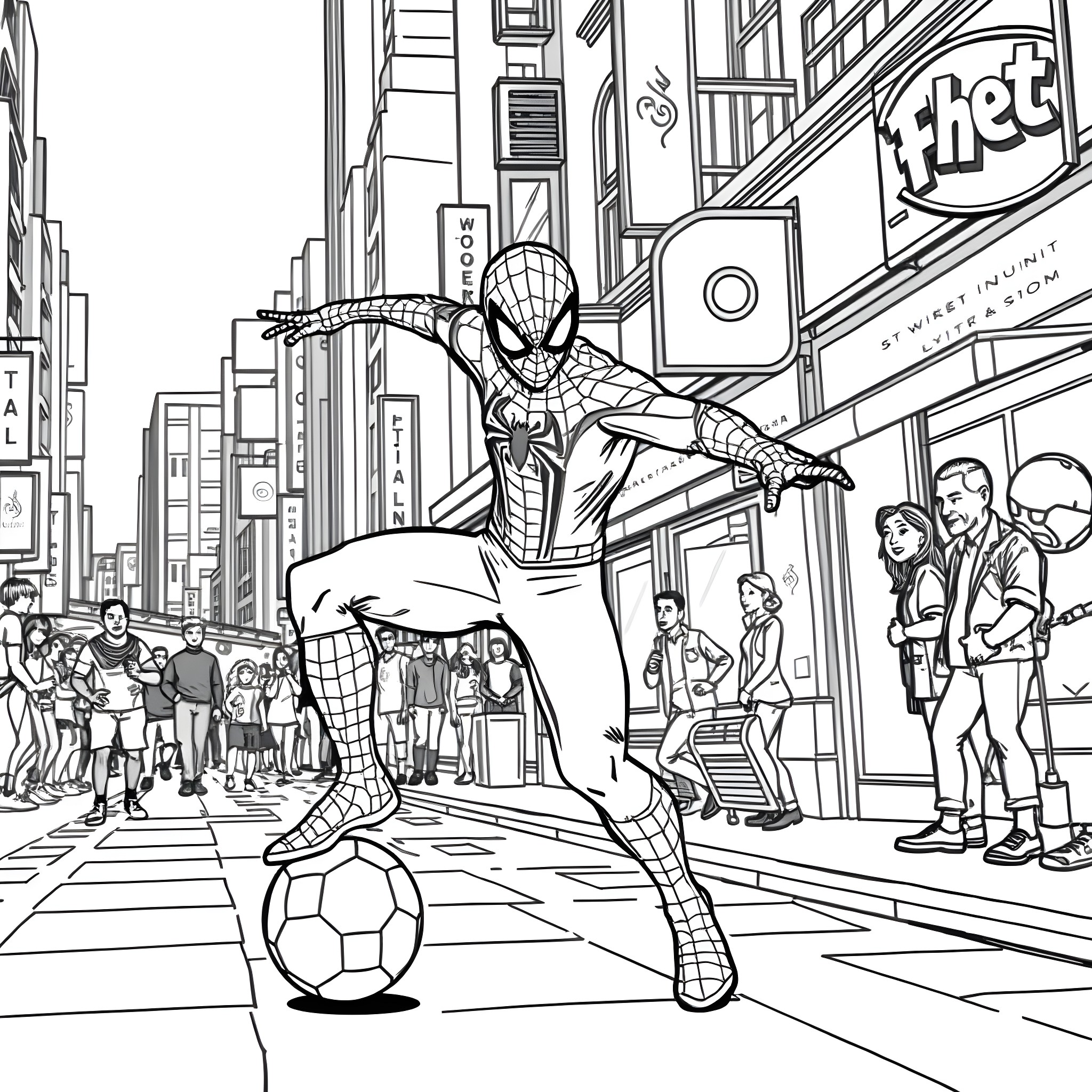 Spiderman playing soccer in the bustling city Coloring Page (free black-and-white line drawing printable PDF for all, from beginners to advanced learners, including children, teens, adults, and seniors)
