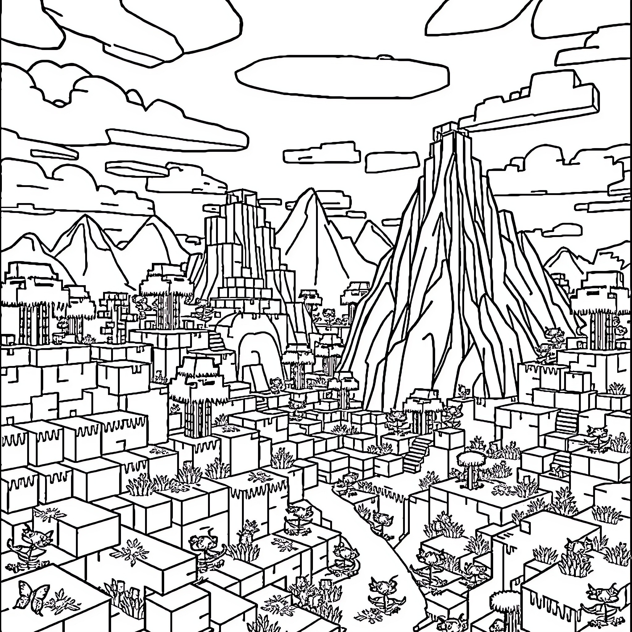 Minecraft cityscape with towering mountains Coloring Page (free black-and-white line drawing printable PDF for all, from beginners to advanced learners, including children, teens, adults, and seniors)