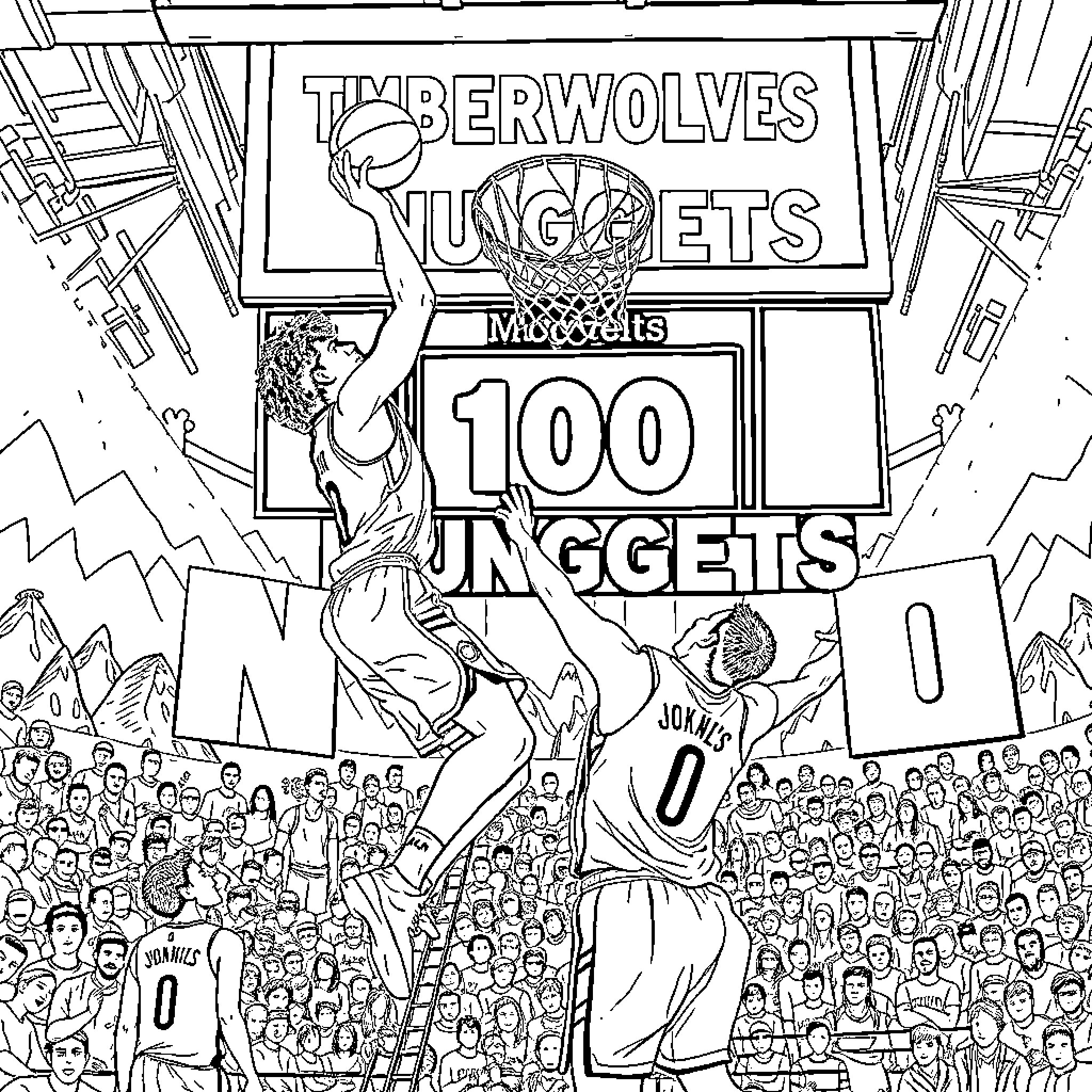 Jaden McDaniels scoring 100 points for Timberwolves in basketball game Coloring Page (free black-and-white line drawing printable PDF for all, from beginners to advanced learners, including children, teens, adults, and seniors)