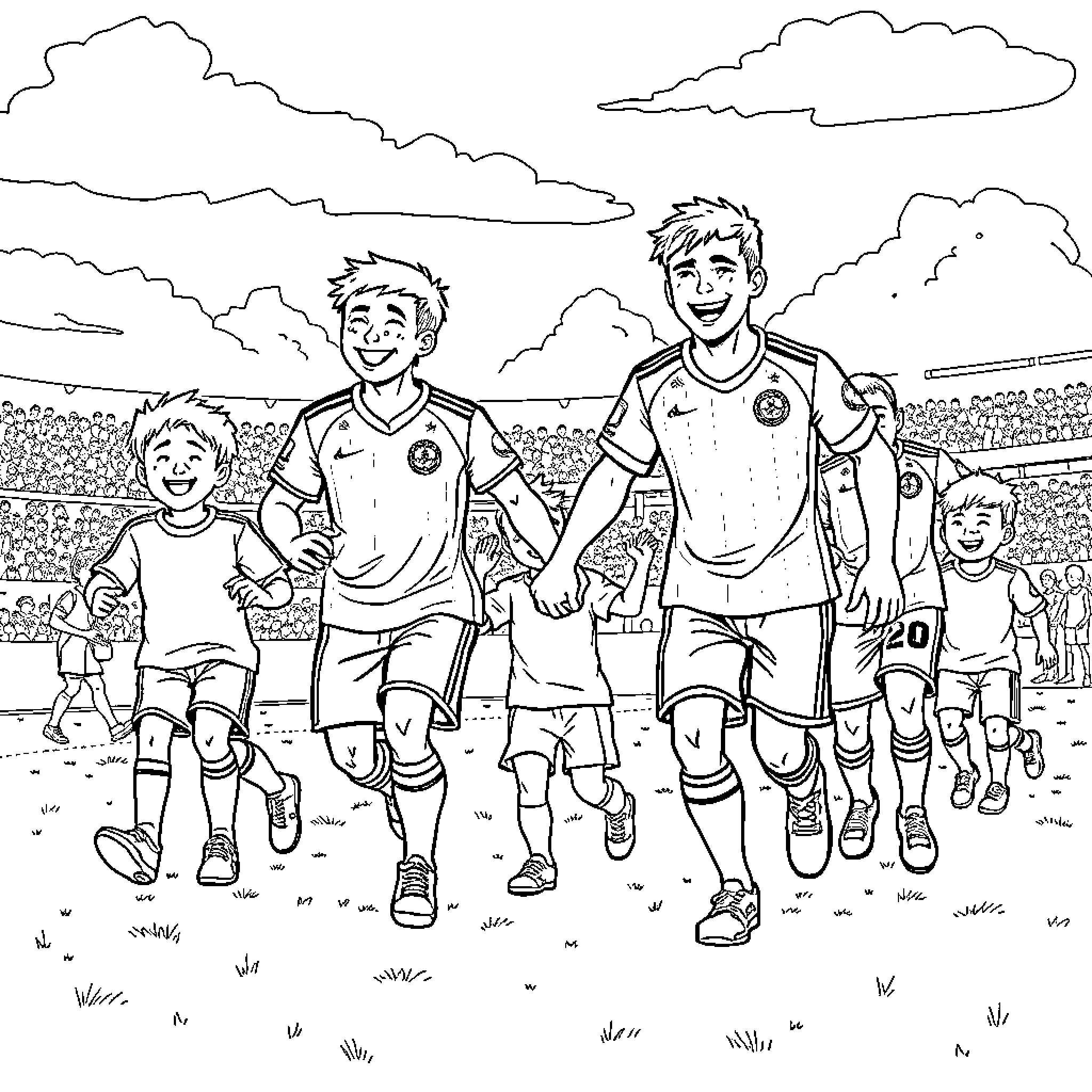 Joueurs de football sur le terrain Coloring Page (free black-and-white line drawing printable PDF for all, from beginners to advanced learners, including children, teens, adults, and seniors)