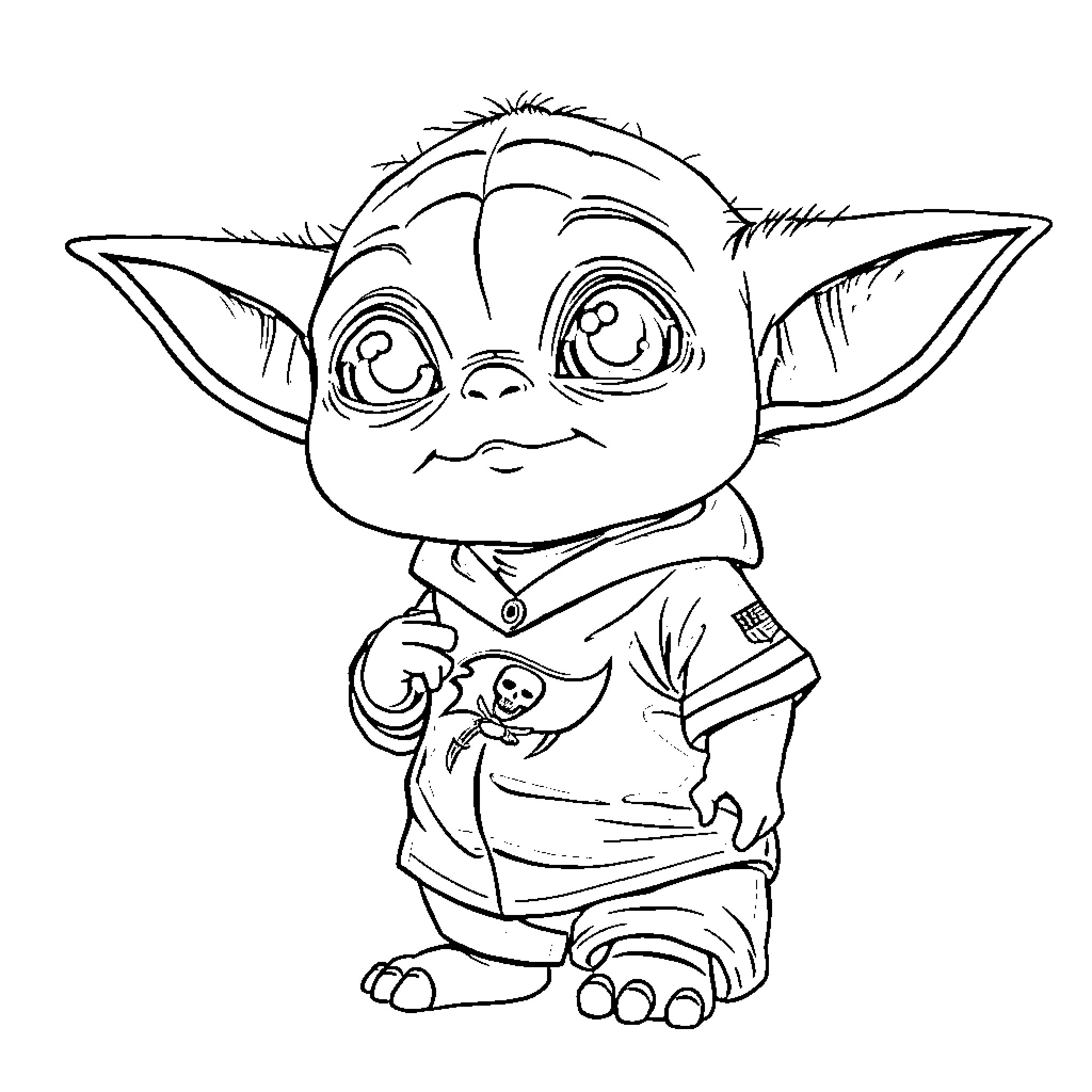 Baby Yoda in playful pose Coloring Page (free black-and-white line drawing printable PDF for all, from beginners to advanced learners, including children, teens, adults, and seniors)