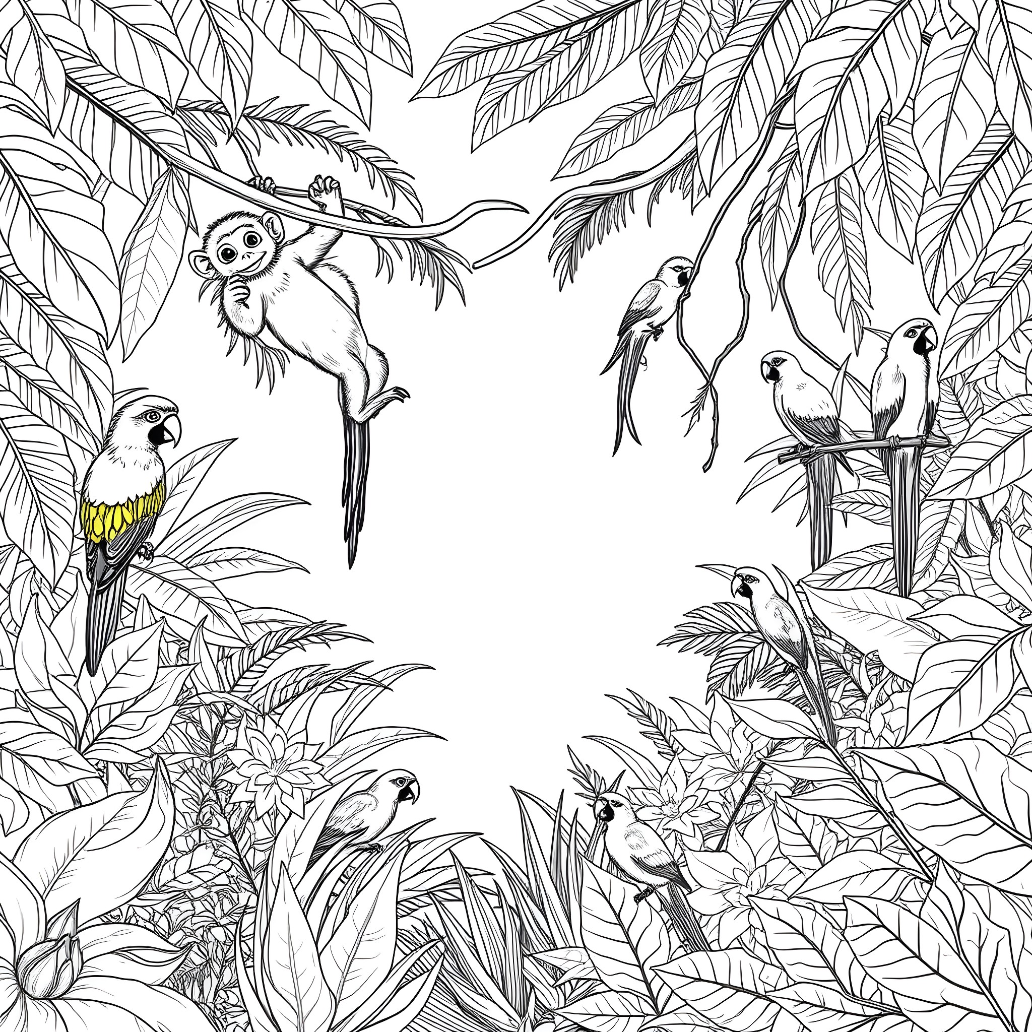Jungle scene with animals and tropical foliage Coloring Page (free black-and-white line drawing printable PDF for all, from beginners to advanced learners, including children, teens, adults, and seniors)