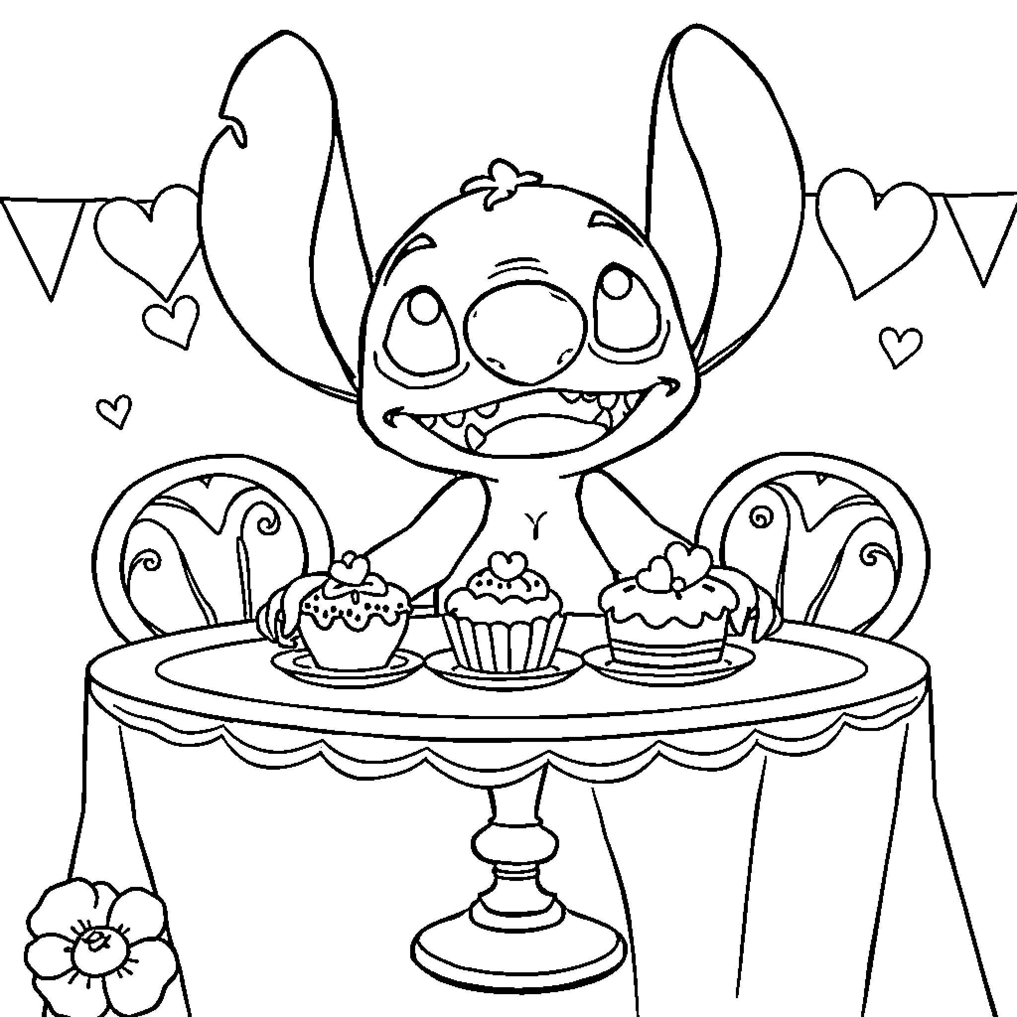 Stitch bakes delicious cupcakes with joy Coloring Page (free black-and-white line drawing printable PDF for all, from beginners to advanced learners, including children, teens, adults, and seniors)