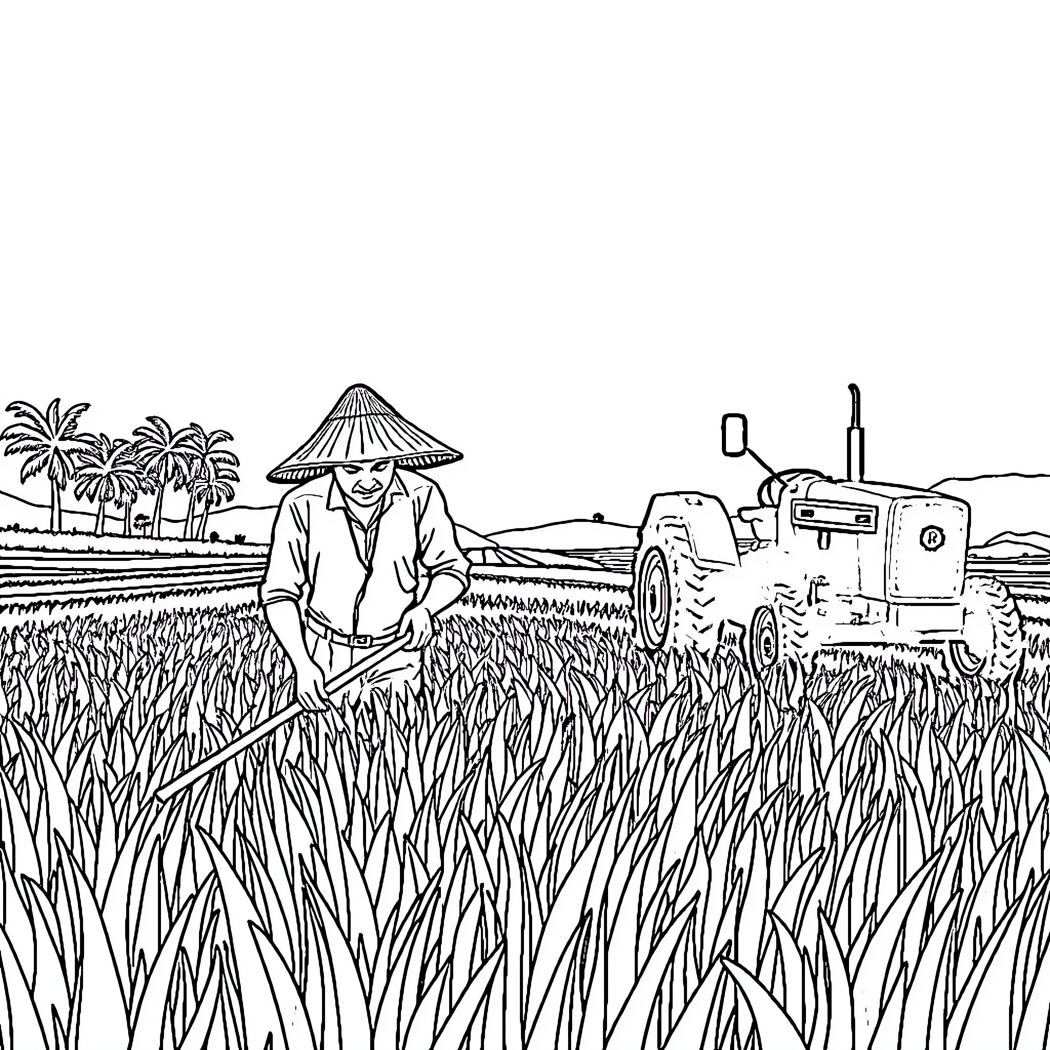Farmer tending to crops in rural field Coloring Page (free black-and-white line drawing printable PDF for all, from beginners to advanced learners, including children, teens, adults, and seniors)