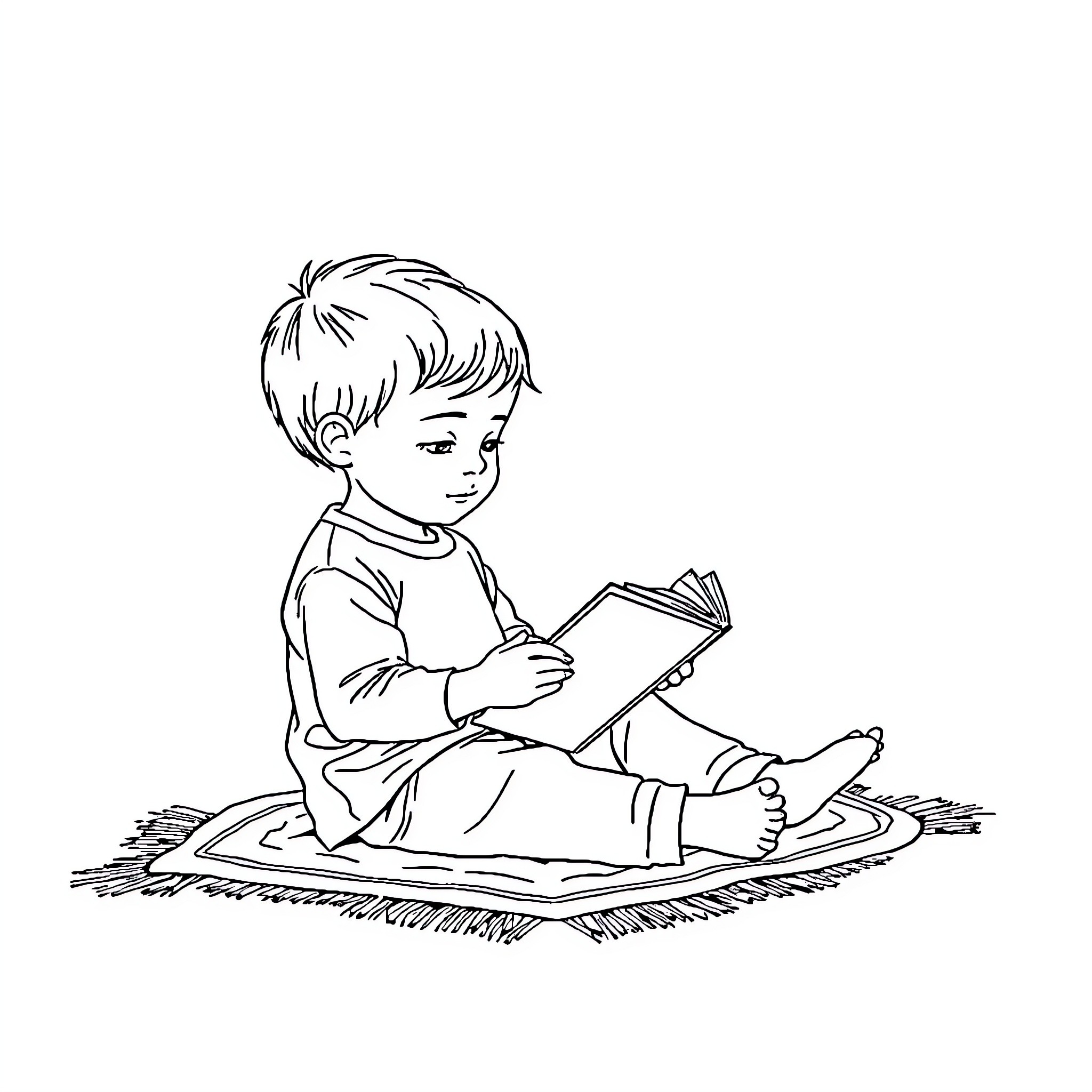 Child reading book intently on floor Coloring Page (free black-and-white line drawing printable PDF for all, from beginners to advanced learners, including children, teens, adults, and seniors)