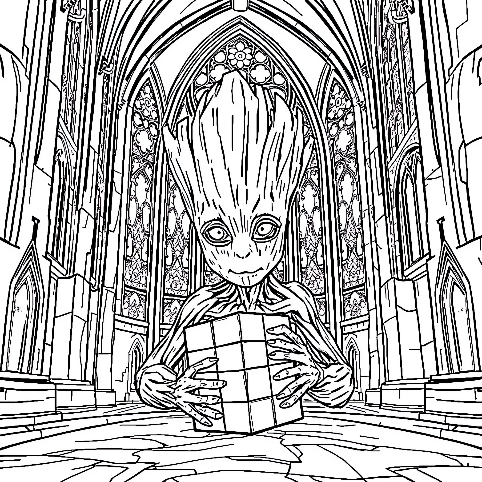 Groot solving a puzzle in a gothic cathedral Coloring Page (free black-and-white line drawing printable PDF for all, from beginners to advanced learners, including children, teens, adults, and seniors)