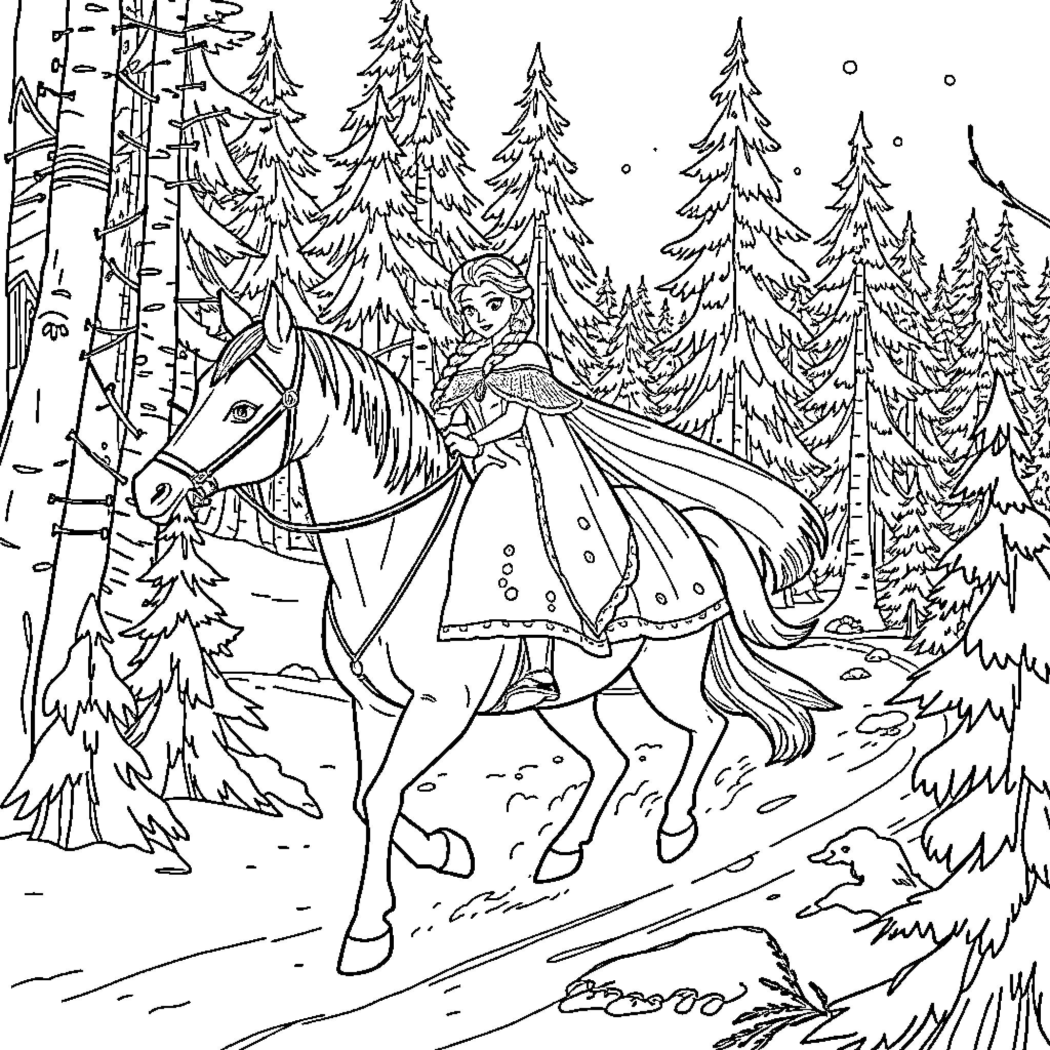 Princess Riding Through the Enchanted Forest Coloring Page (free black-and-white line drawing printable PDF for all, from beginners to advanced learners, including children, teens, adults, and seniors)