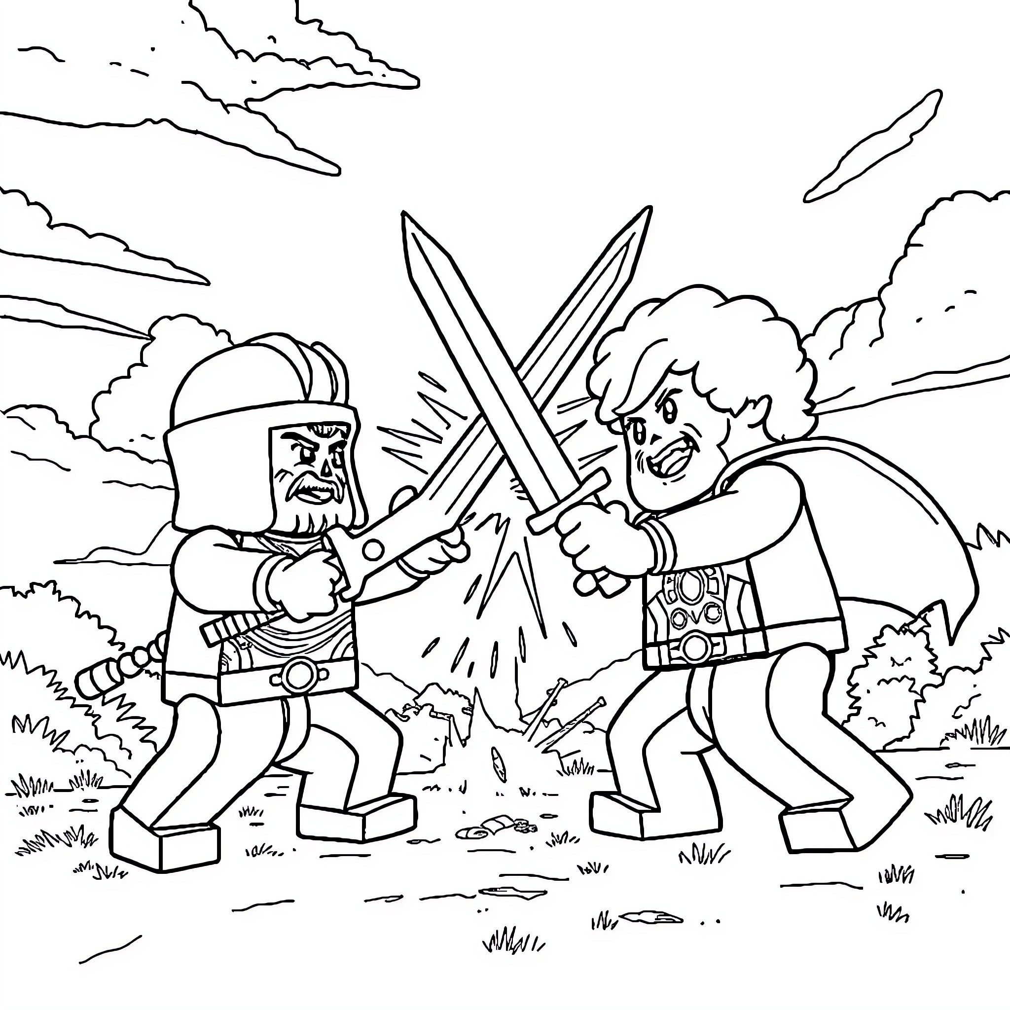 Brickleberry Characters Battling with Swords Coloring Page (free black-and-white line drawing printable PDF for all, from beginners to advanced learners, including children, teens, adults, and seniors)