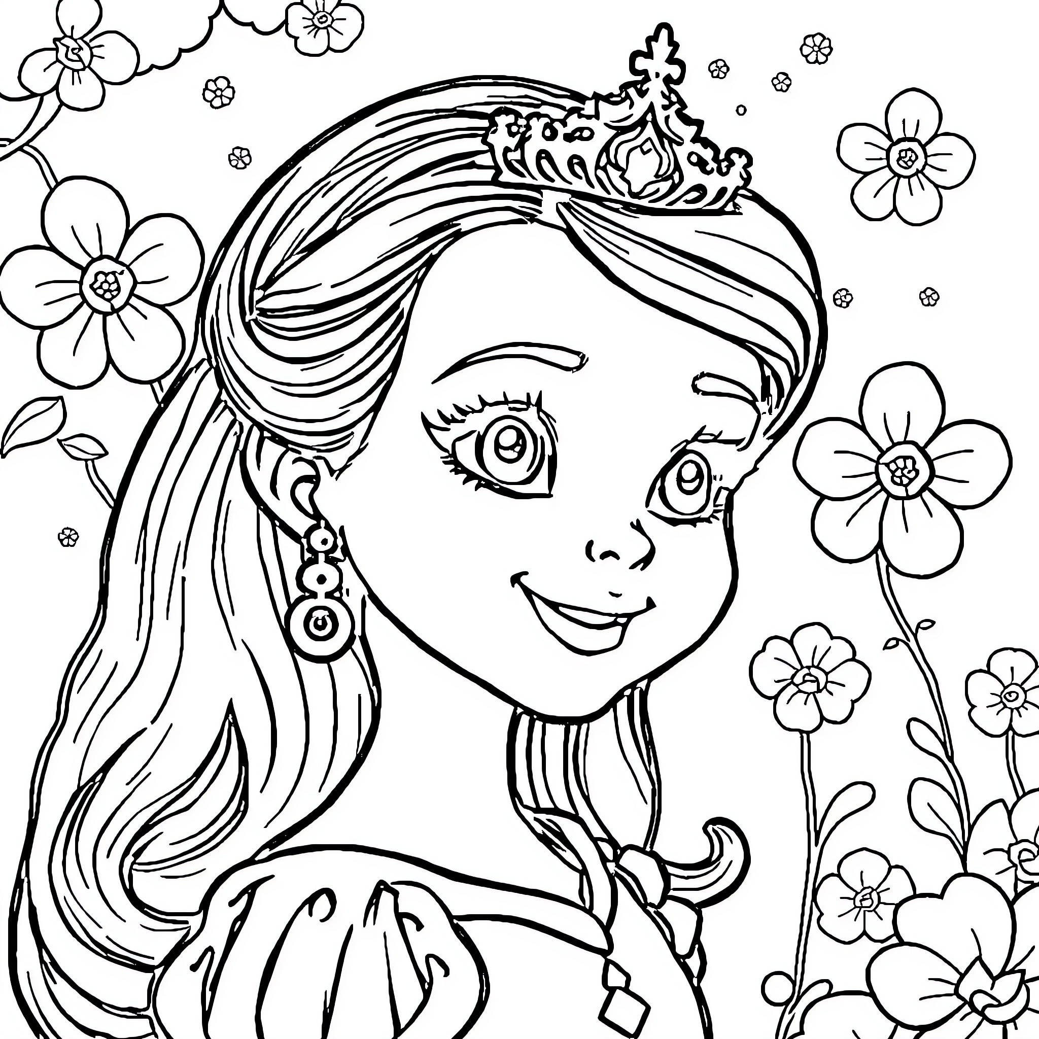 Princess in a Flower-Filled Garden Coloring Page (free black-and-white line drawing printable PDF for all, from beginners to advanced learners, including children, teens, adults, and seniors)