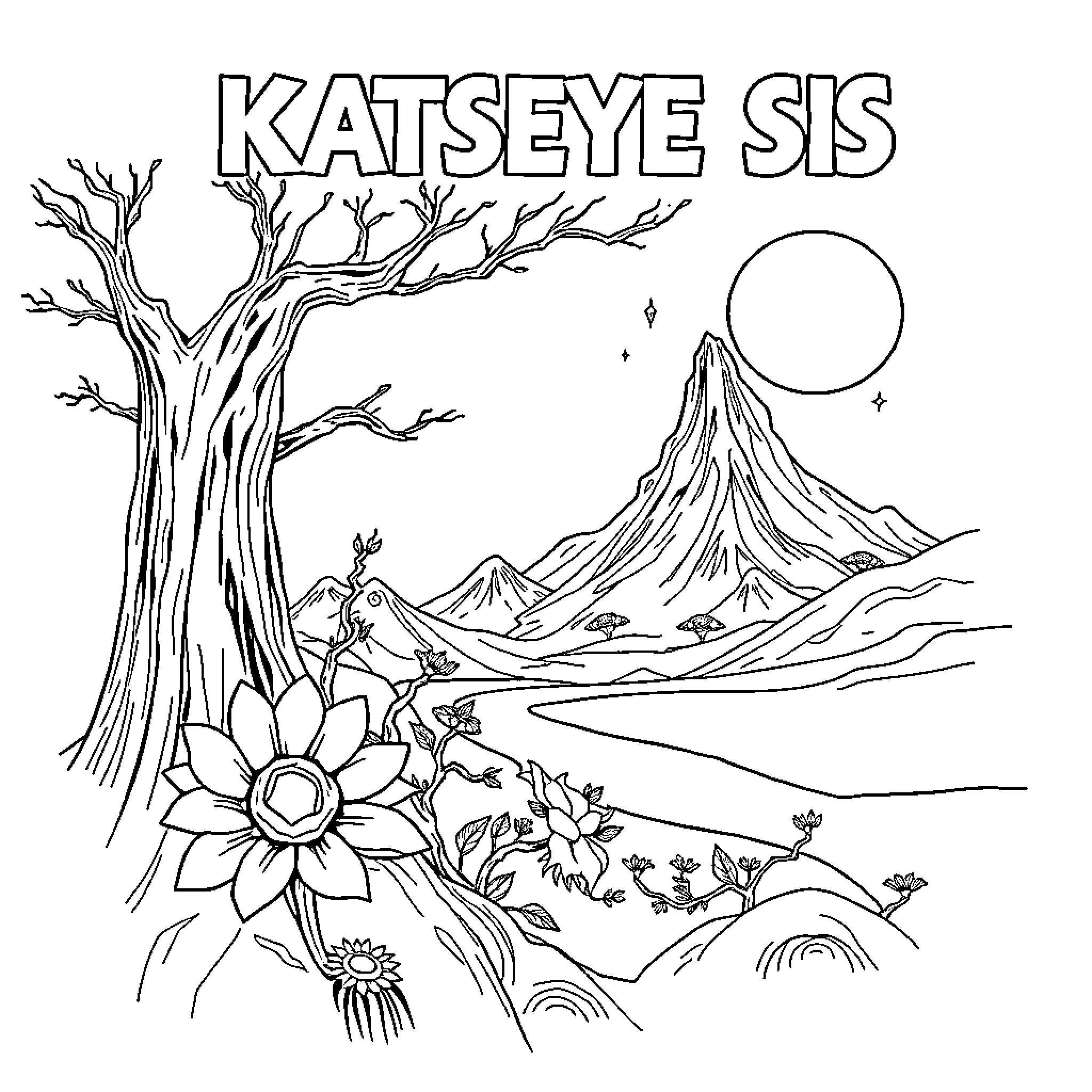 Katseye Scenic Landscape with Mountains and Flowers Coloring Page (free black-and-white line drawing printable PDF for all, from beginners to advanced learners, including children, teens, adults, and seniors)