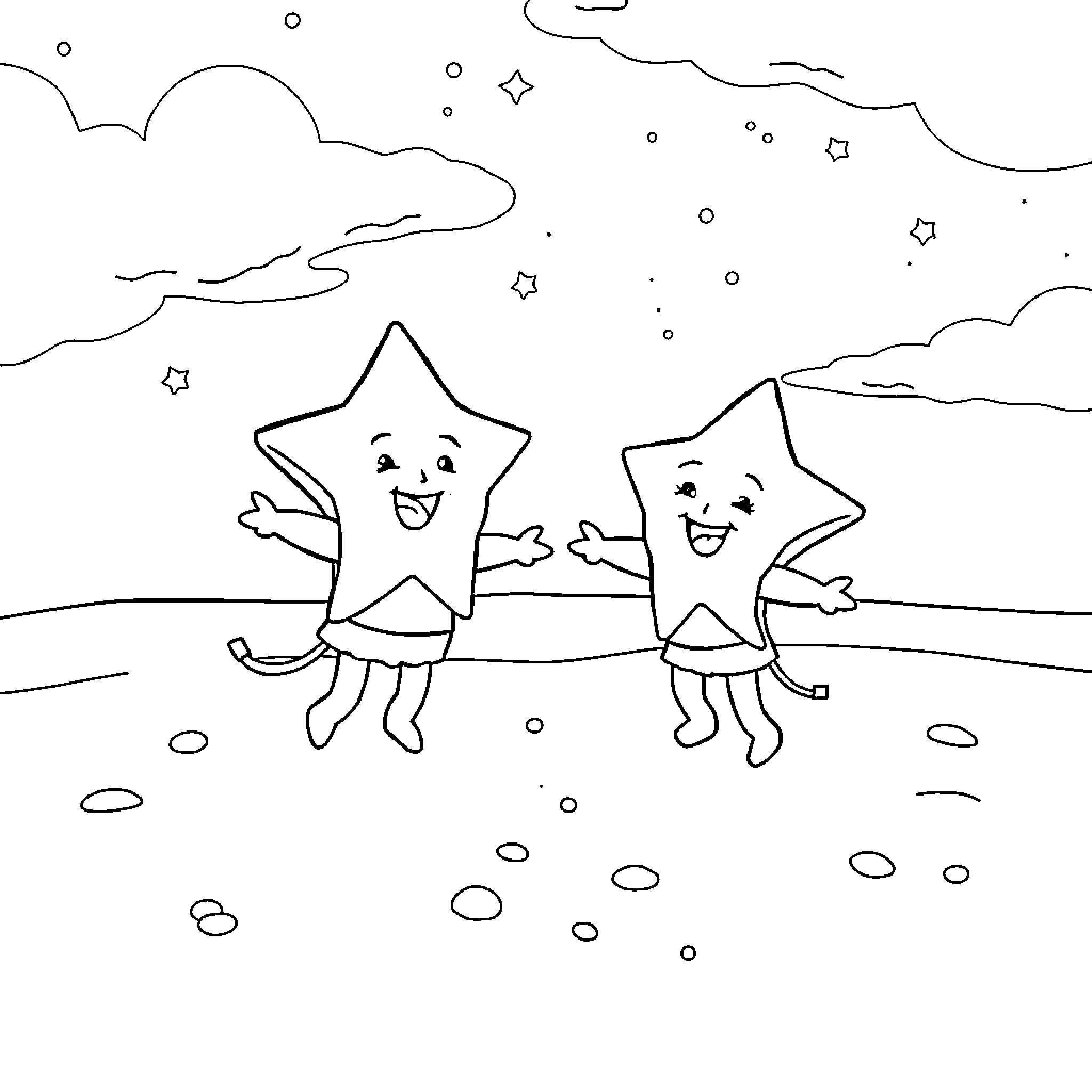 Twin Stars dancing and playing happily under the night sky Coloring Page (free black-and-white line drawing printable PDF for all, from beginners to advanced learners, including children, teens, adults, and seniors)