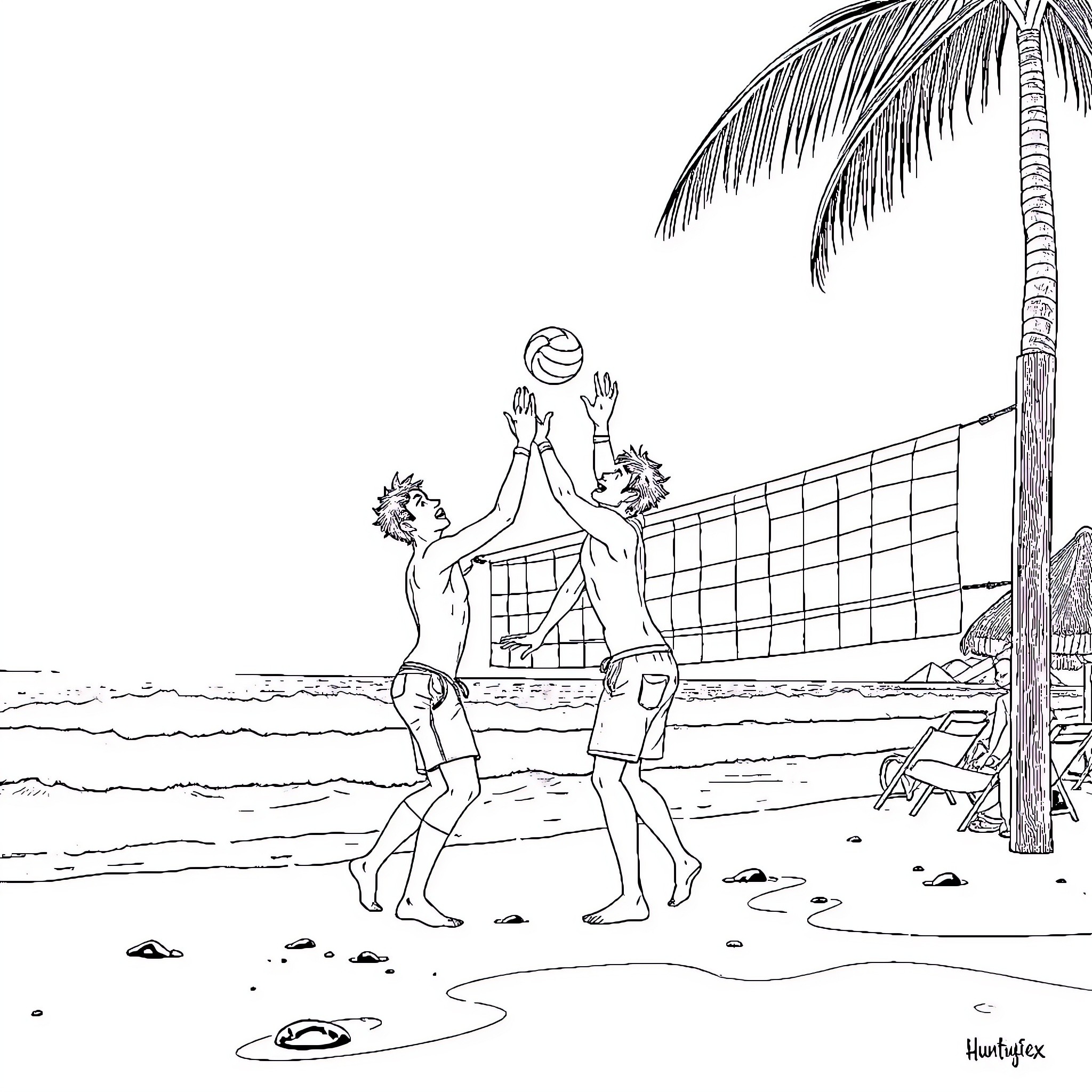 Saja Boy Playing Beach Volleyball with Friends Coloring Page (free black-and-white line drawing printable PDF for all, from beginners to advanced learners, including children, teens, adults, and seniors)