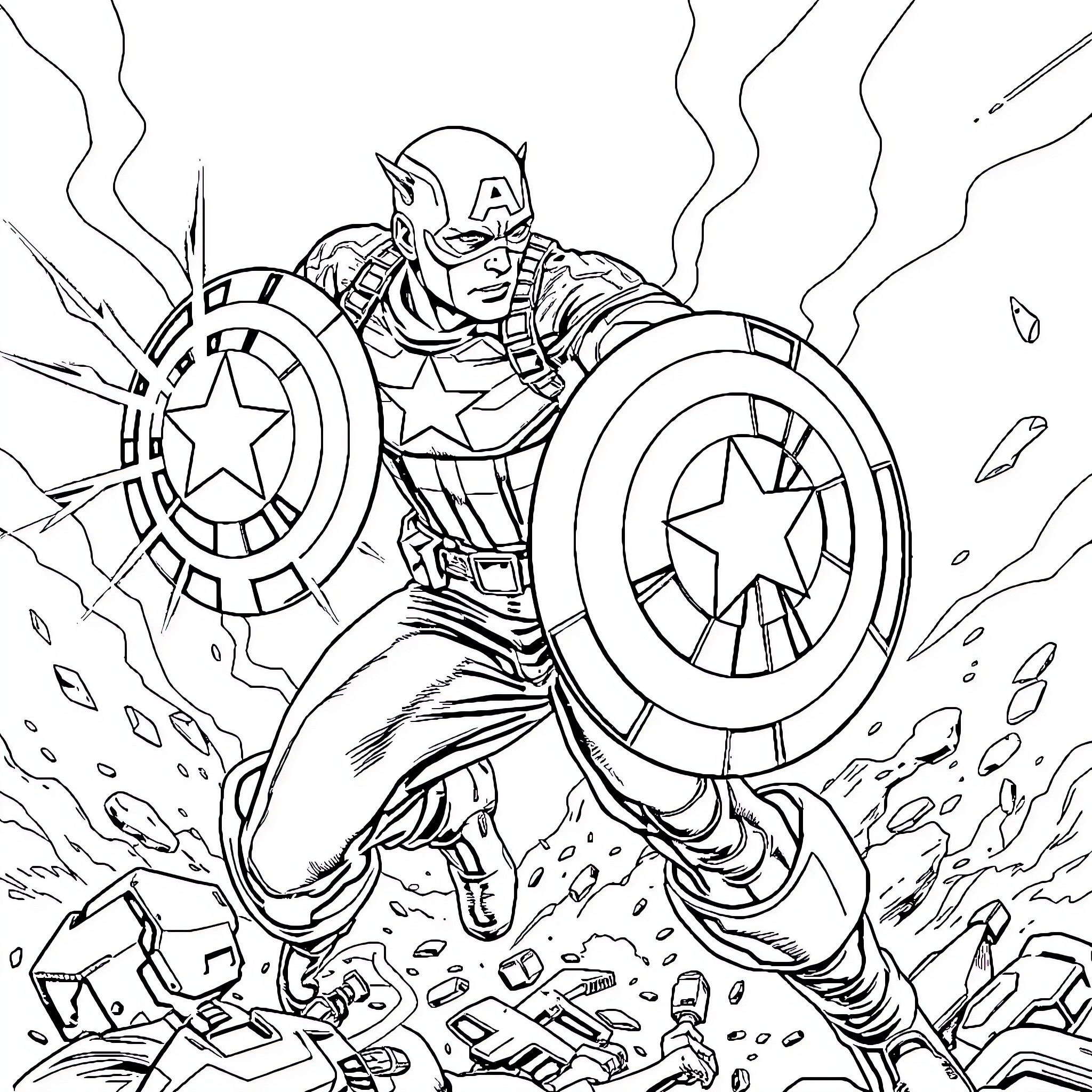 Captain America Wielding Iconic Shields in Action Coloring Page (free black-and-white line drawing printable PDF for all, from beginners to advanced learners, including children, teens, adults, and seniors)