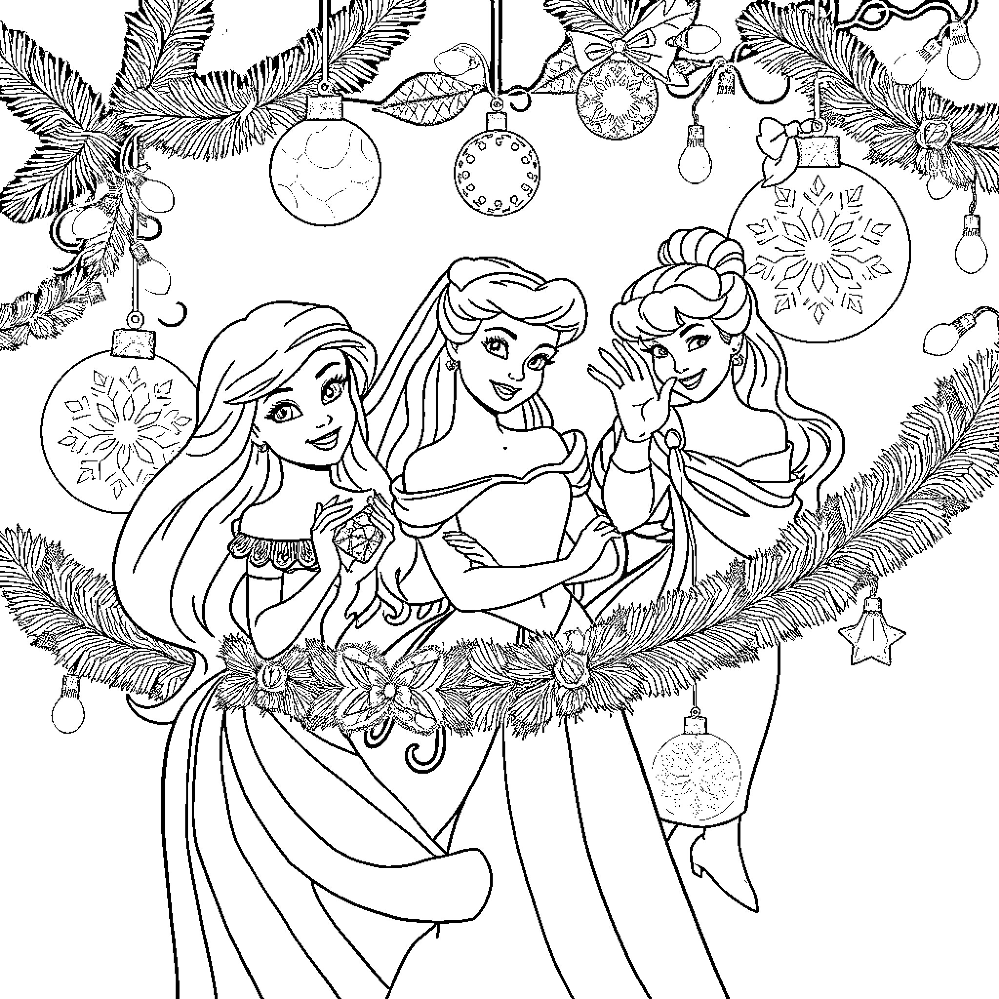 Disney Princesses celebrating Christmas together Coloring Page (free black-and-white line drawing printable PDF for all, from beginners to advanced learners, including children, teens, adults, and seniors)
