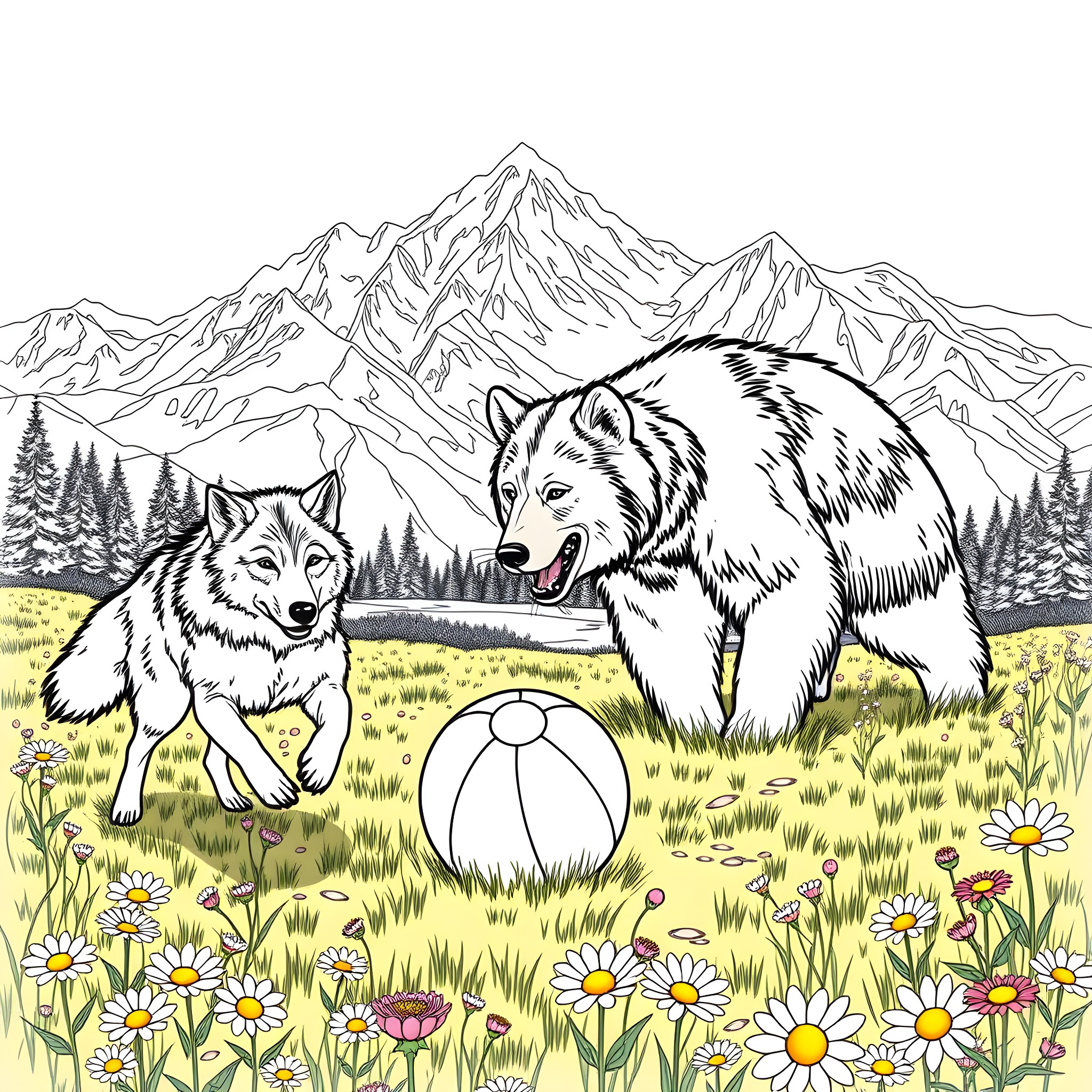Wolf Companions Playing in the Meadow Coloring Page (free black-and-white line drawing printable PDF for all, from beginners to advanced learners, including children, teens, adults, and seniors)