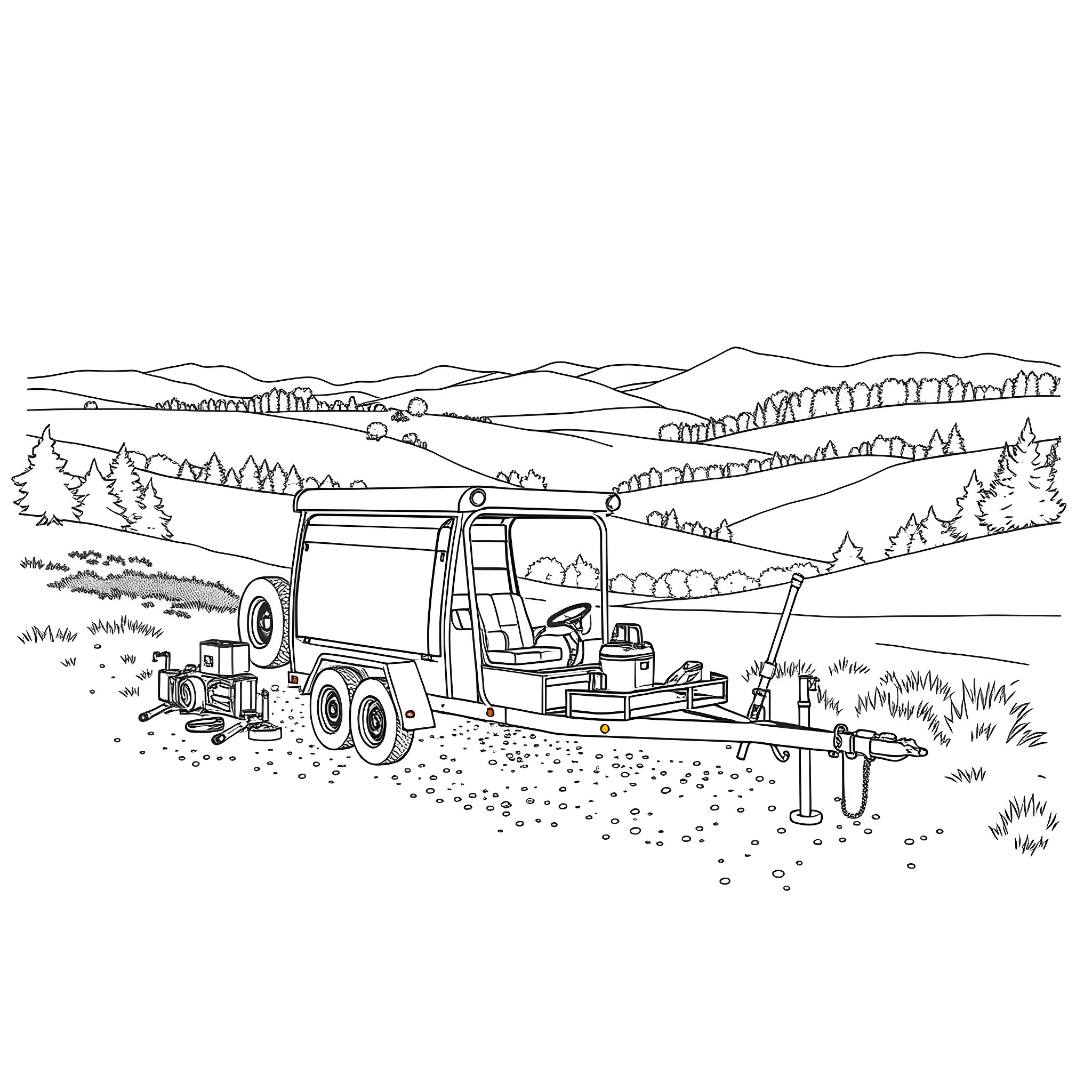 Car Trailer Transporting Construction Equipment on Rural Road Coloring Page (free black-and-white line drawing printable PDF for all, from beginners to advanced learners, including children, teens, adults, and seniors)