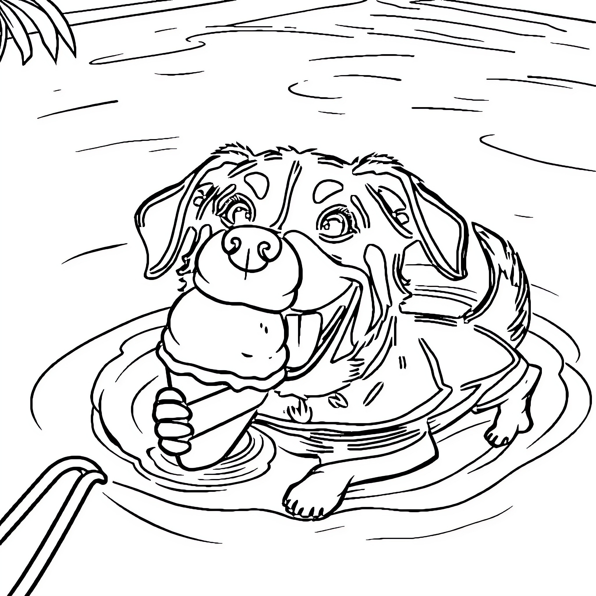 Dog relaxing in a pool Coloring Page (free black-and-white line drawing printable PDF for all, from beginners to advanced learners, including children, teens, adults, and seniors)