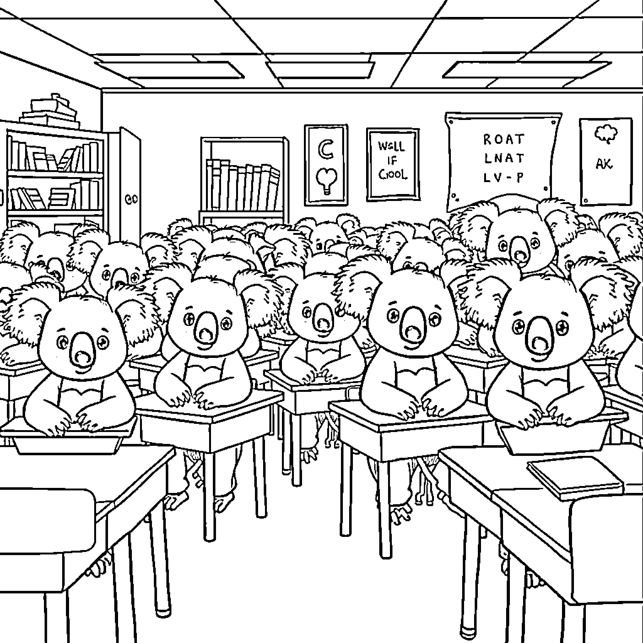 Koalas in a Classroom Setting Coloring Page (free black-and-white line drawing printable PDF for all, from beginners to advanced learners, including children, teens, adults, and seniors)