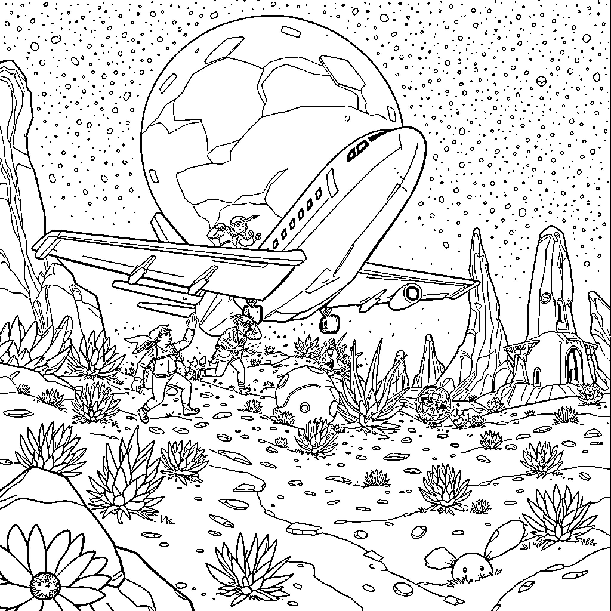 Human Exploring Alien Planet with Spaceship Coloring Page (free black-and-white line drawing printable PDF for all, from beginners to advanced learners, including children, teens, adults, and seniors)