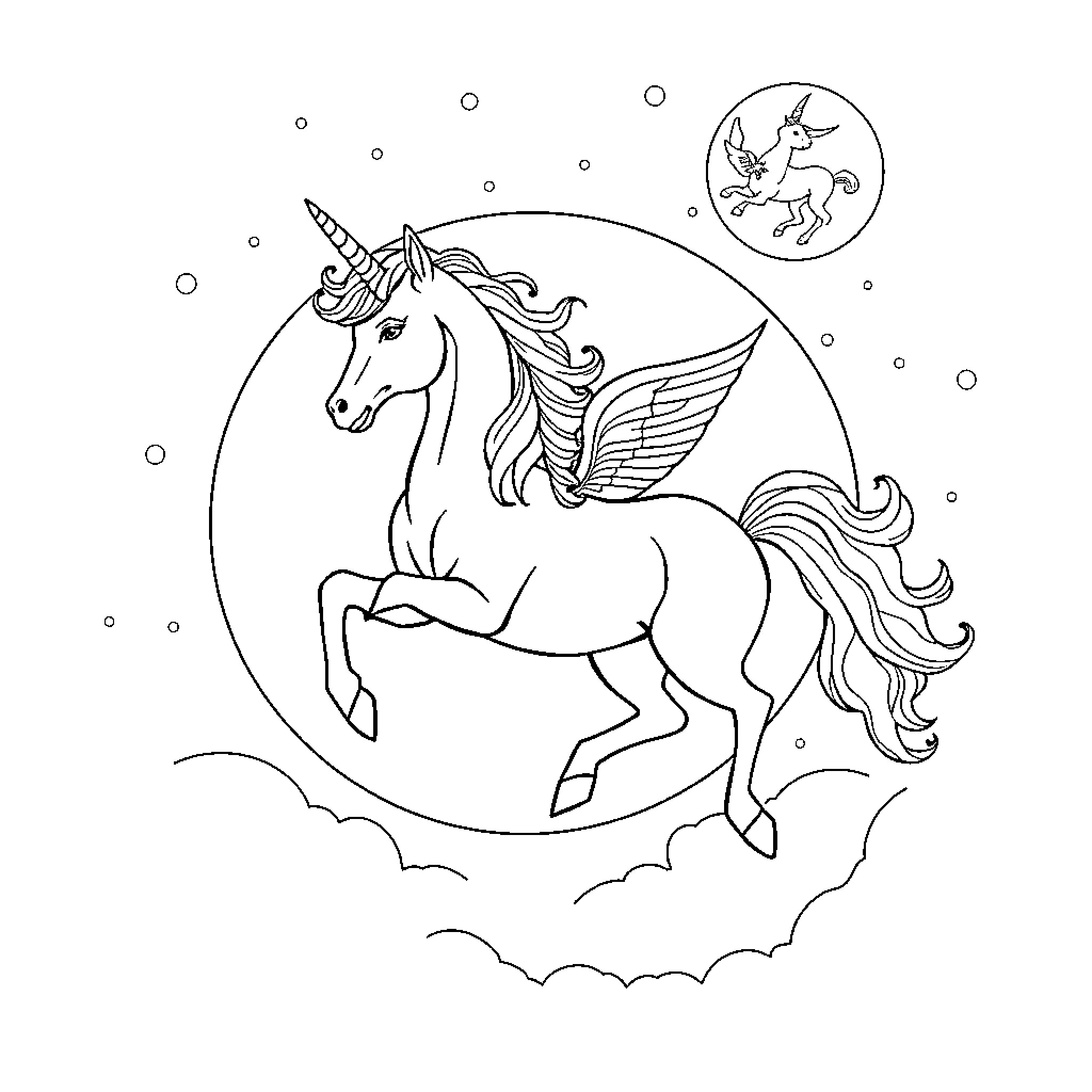 Unicorn soaring gracefully through the starry sky Coloring Page (free black-and-white line drawing printable PDF for all, from beginners to advanced learners, including children, teens, adults, and seniors)