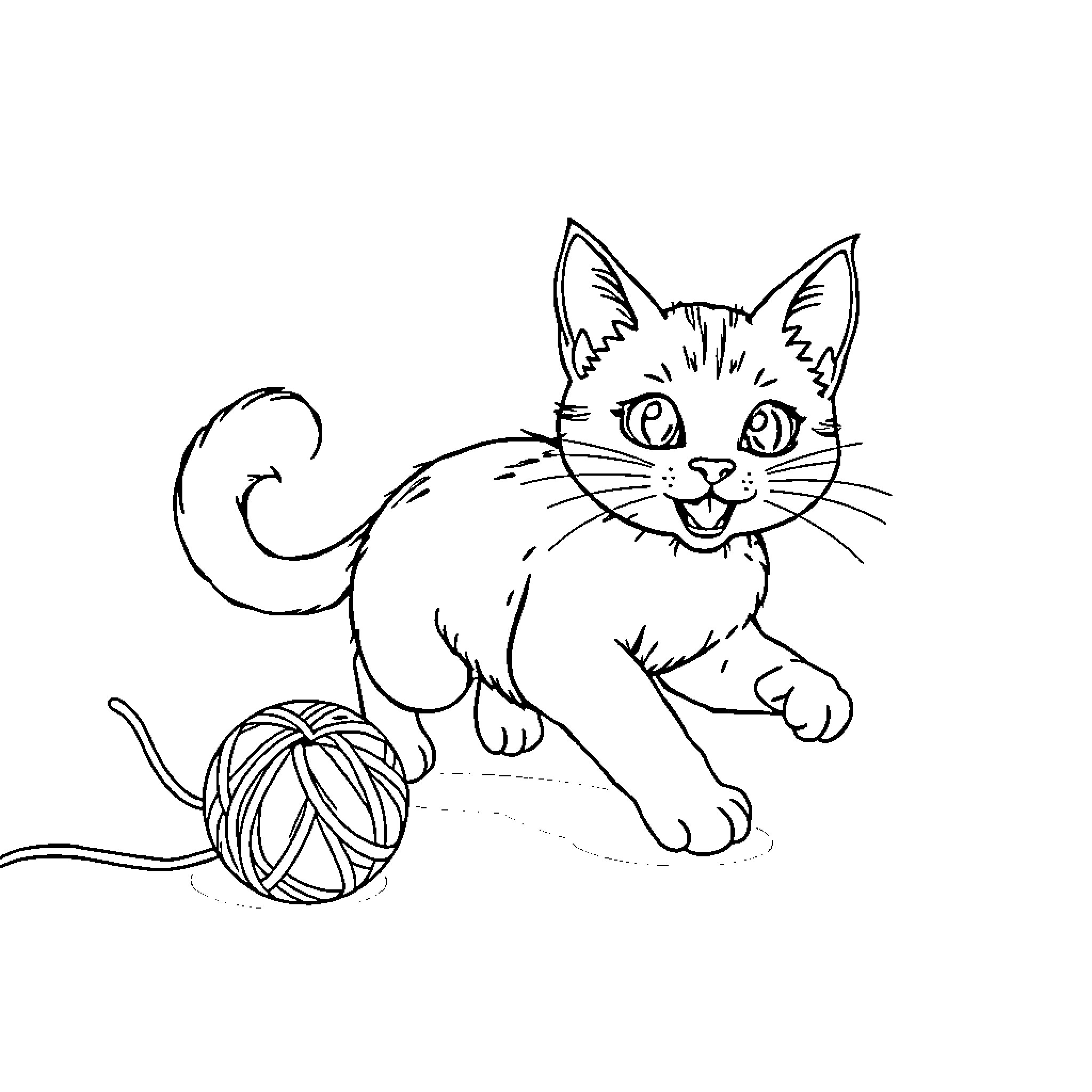 Cat playing with yarn ball on floor Coloring Page (free black-and-white line drawing printable PDF for all, from beginners to advanced learners, including children, teens, adults, and seniors)