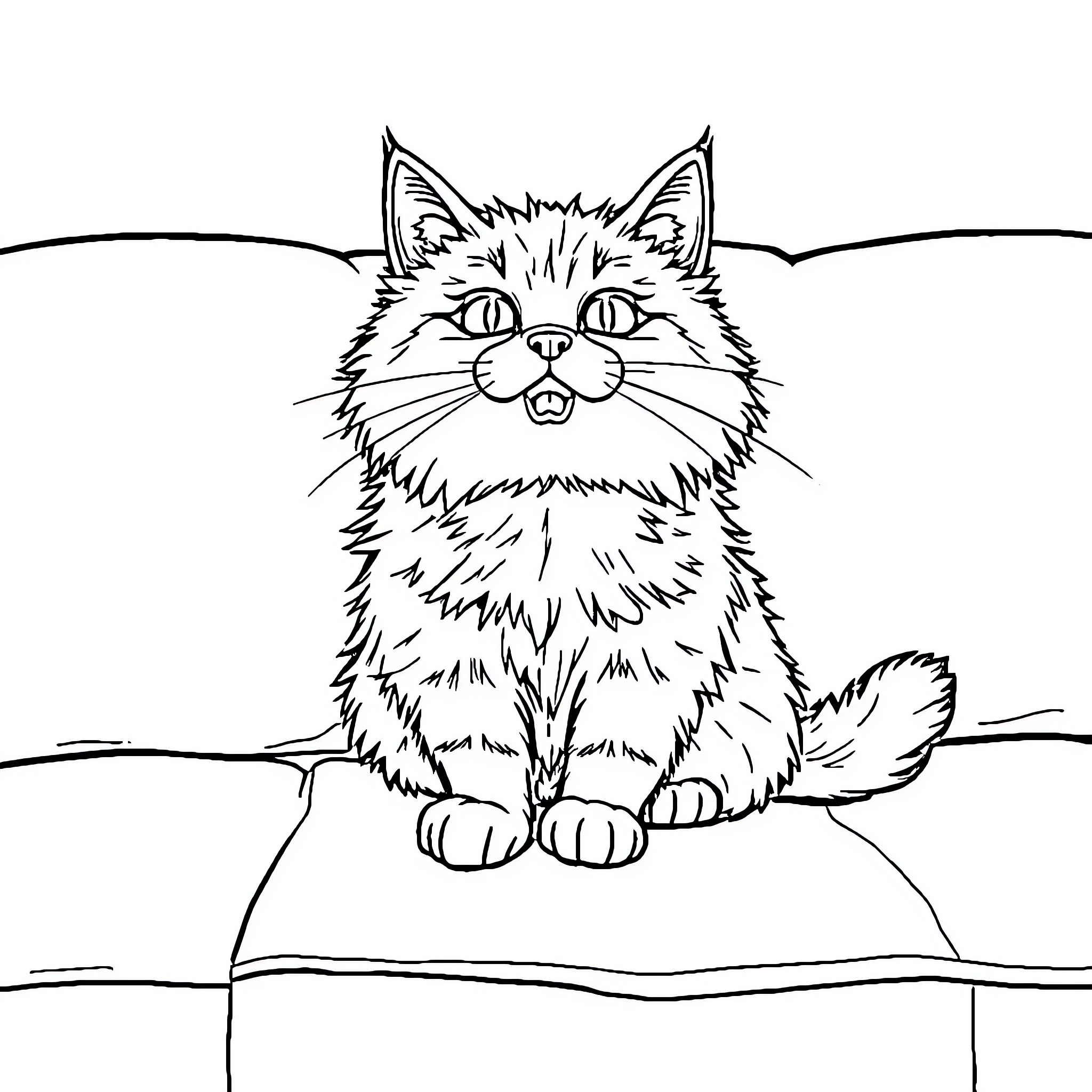 Cat sitting on a box with curiosity Coloring Page (free black-and-white line drawing printable PDF for all, from beginners to advanced learners, including children, teens, adults, and seniors)