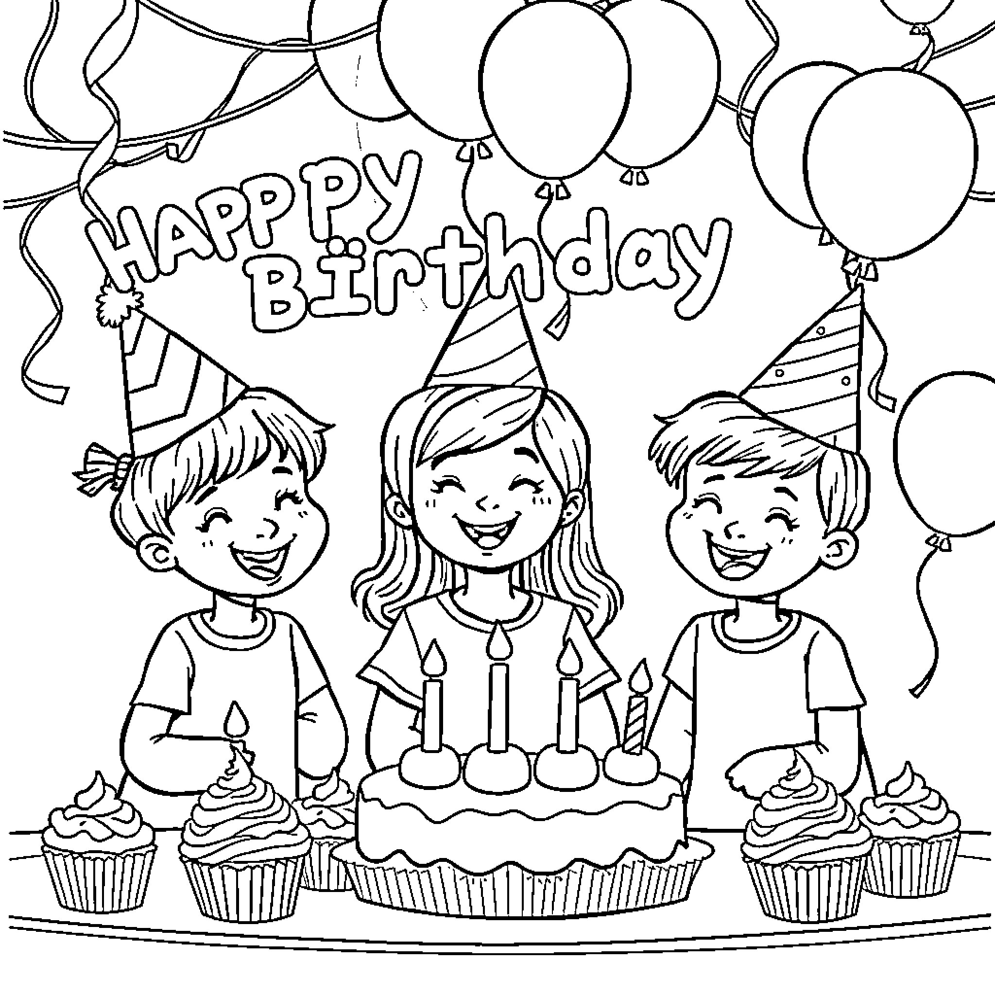 Children celebrating birthday with cake and balloons Coloring Page (free black-and-white line drawing printable PDF for all, from beginners to advanced learners, including children, teens, adults, and seniors)