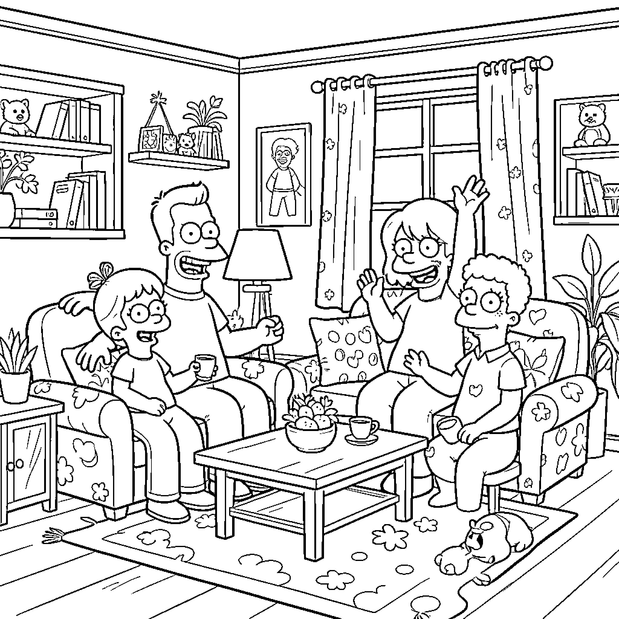 Simpson family enjoying a cozy indoor gathering Coloring Page (free black-and-white line drawing printable PDF for all, from beginners to advanced learners, including children, teens, adults, and seniors)