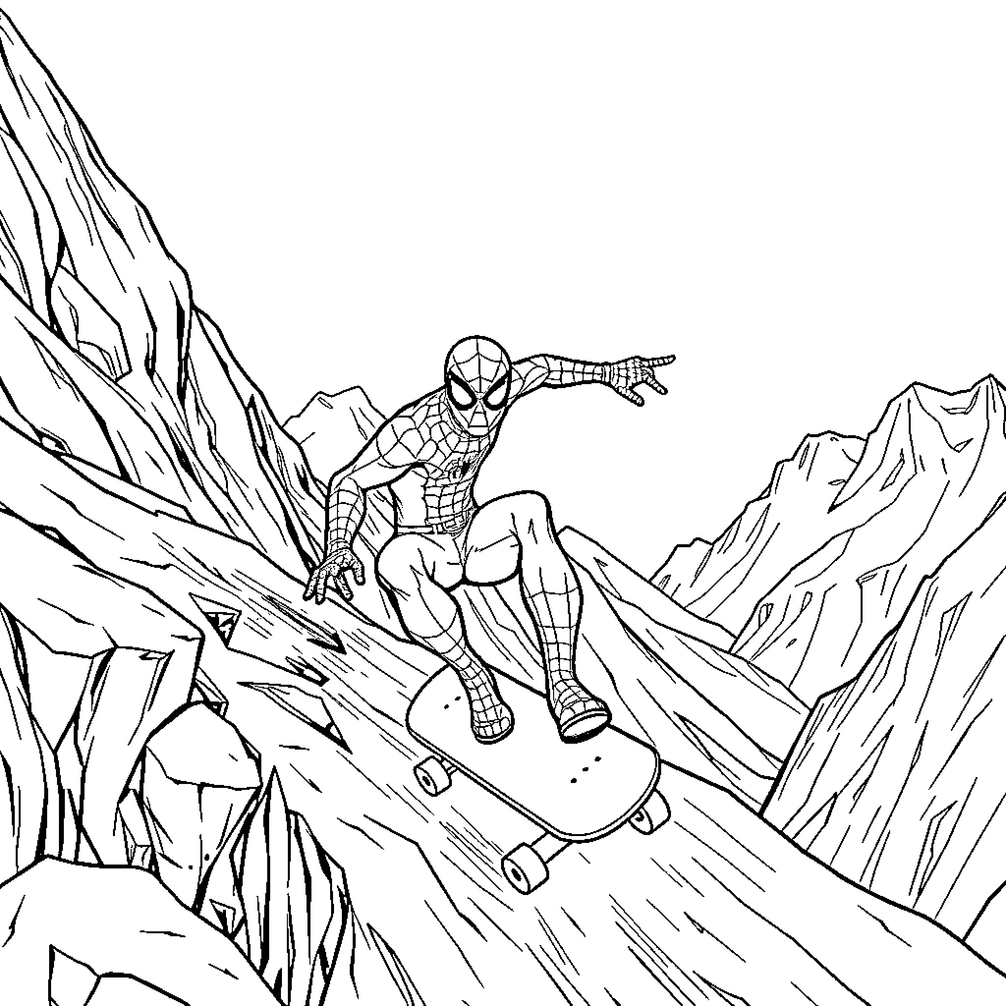 Spiderman swinging through a rocky landscape Coloring Page (free black-and-white line drawing printable PDF for all, from beginners to advanced learners, including children, teens, adults, and seniors)