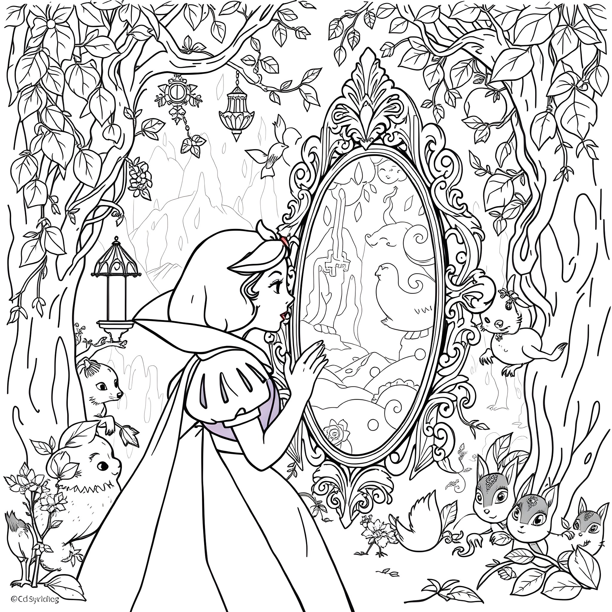 Magic Mirror - Princess Examining Enchanted Reflection Coloring Page (free black-and-white line drawing printable PDF for all, from beginners to advanced learners, including children, teens, adults, and seniors)