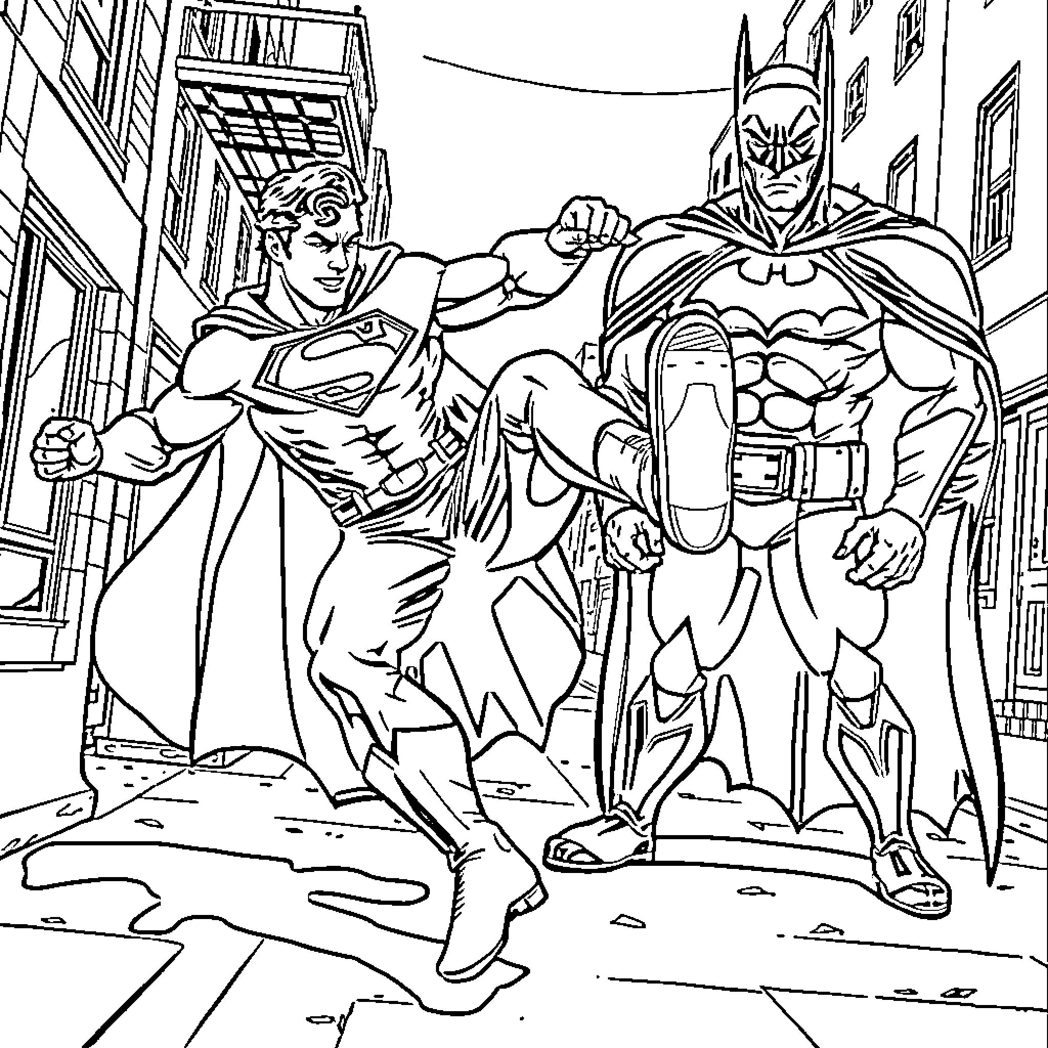Superman and Batman fight together in city Coloring Page (free black-and-white line drawing printable PDF for all, from beginners to advanced learners, including children, teens, adults, and seniors)