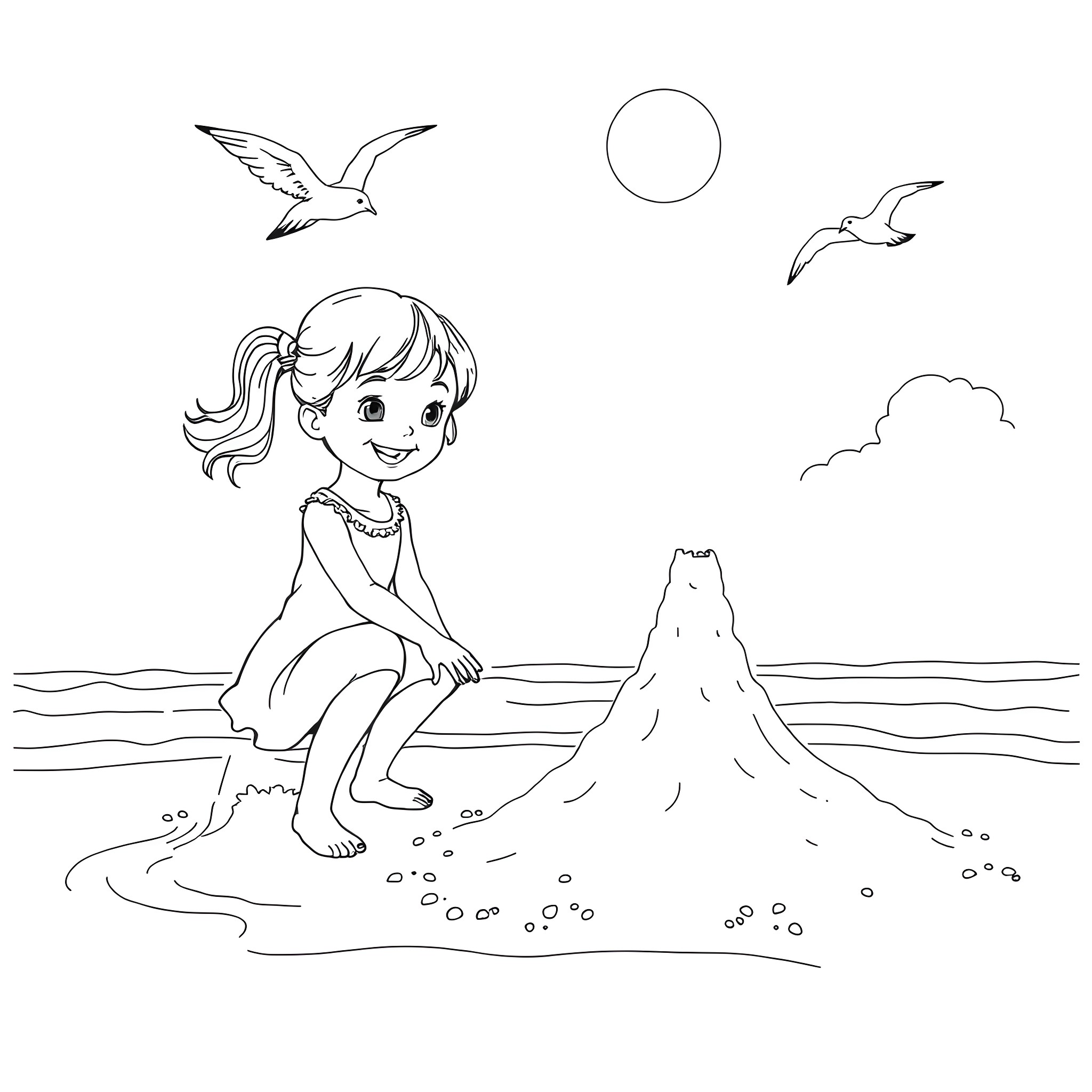 Girl enjoying summer day at the beach Coloring Page (free black-and-white line drawing printable PDF for all, from beginners to advanced learners, including children, teens, adults, and seniors)