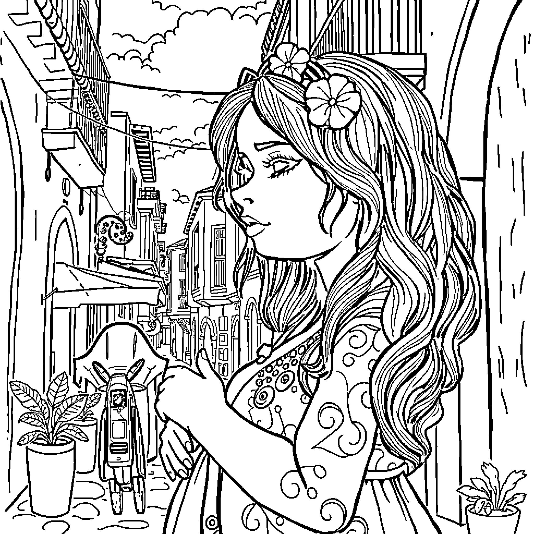 Bebe enjoying the scenery in the city Coloring Page (free black-and-white line drawing printable PDF for all, from beginners to advanced learners, including children, teens, adults, and seniors)