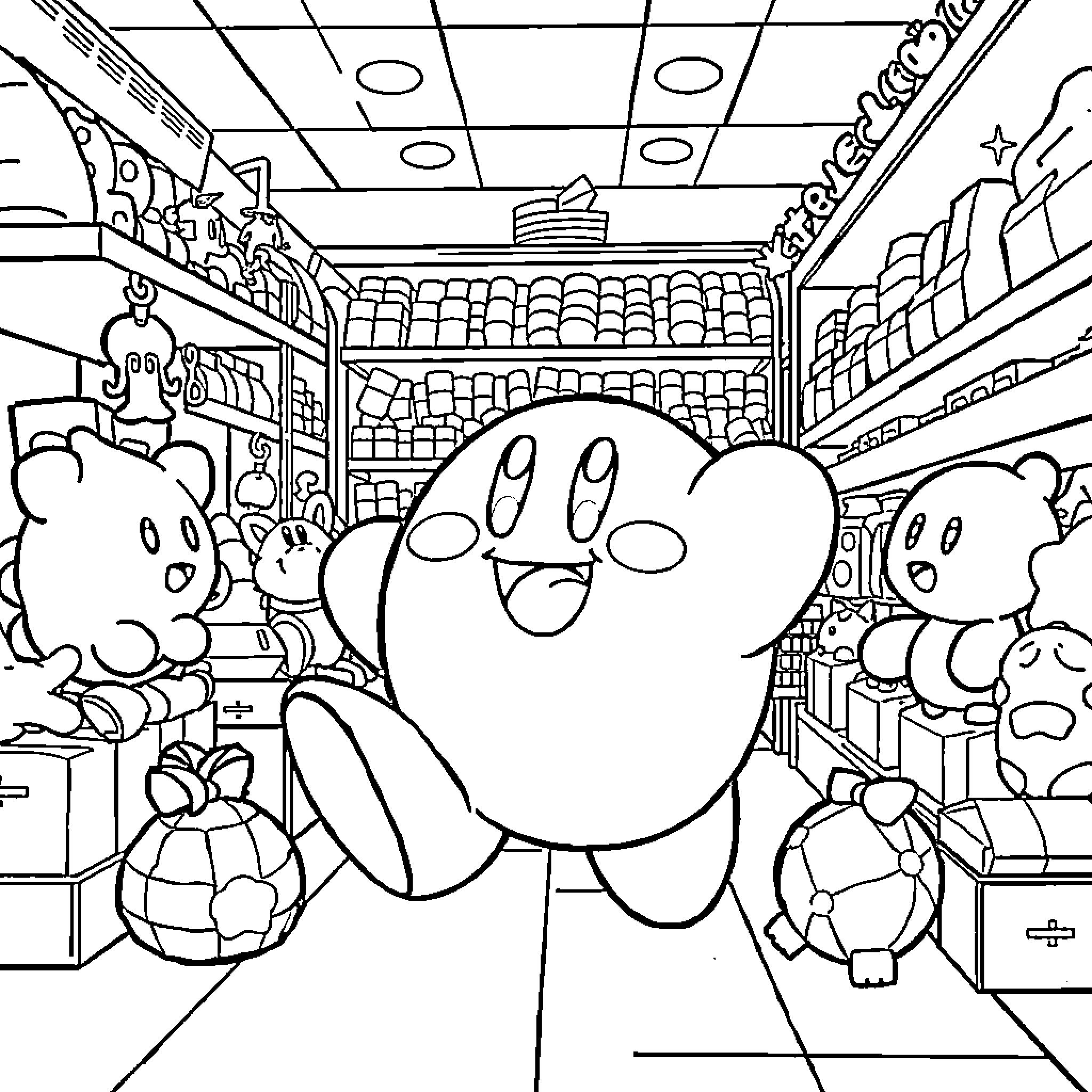 Kirby exploring a whimsical toy store Coloring Page (free black-and-white line drawing printable PDF for all, from beginners to advanced learners, including children, teens, adults, and seniors)