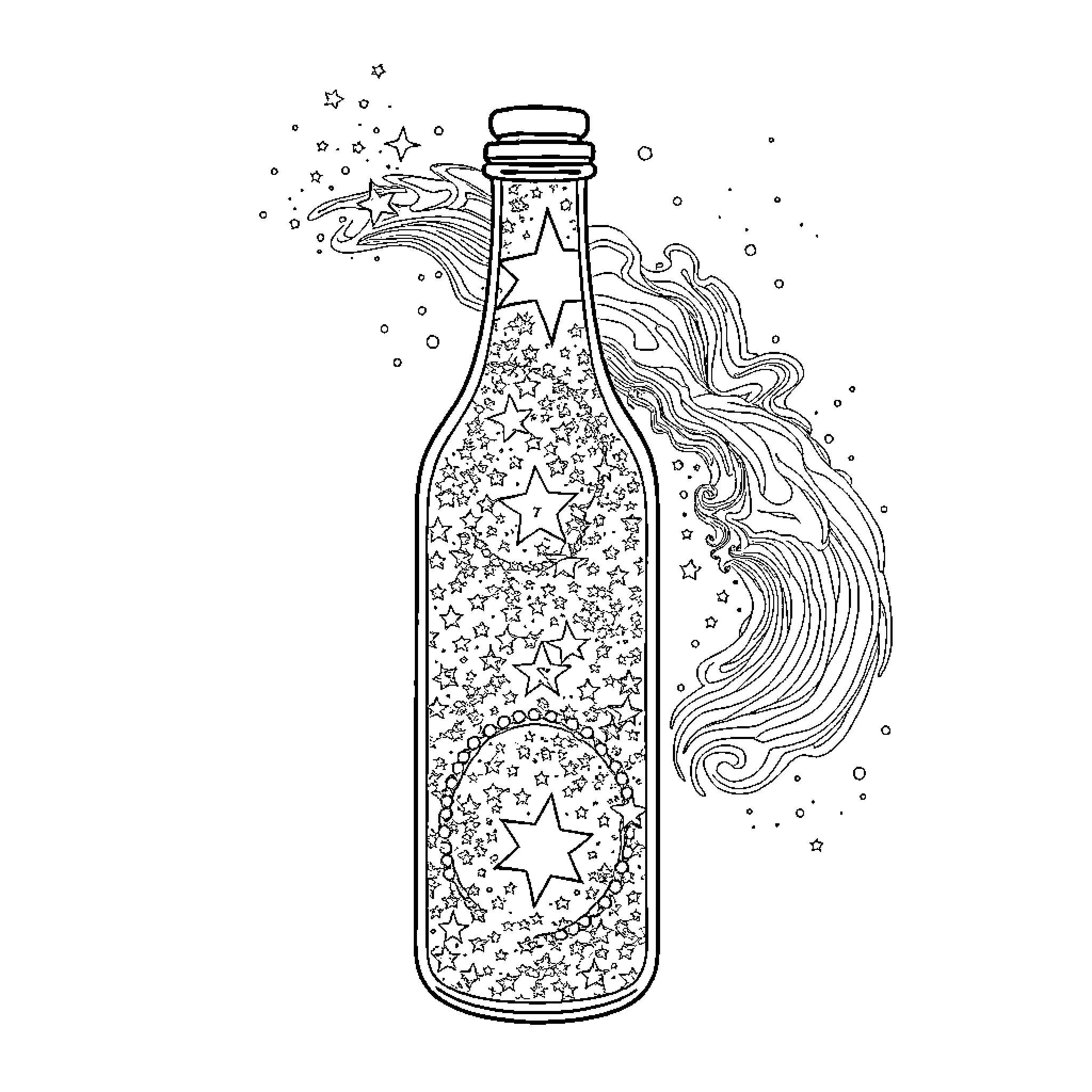 Milkyway Bottle with Cosmic Sparkles Coloring Page (free black-and-white line drawing printable PDF for all, from beginners to advanced learners, including children, teens, adults, and seniors)
