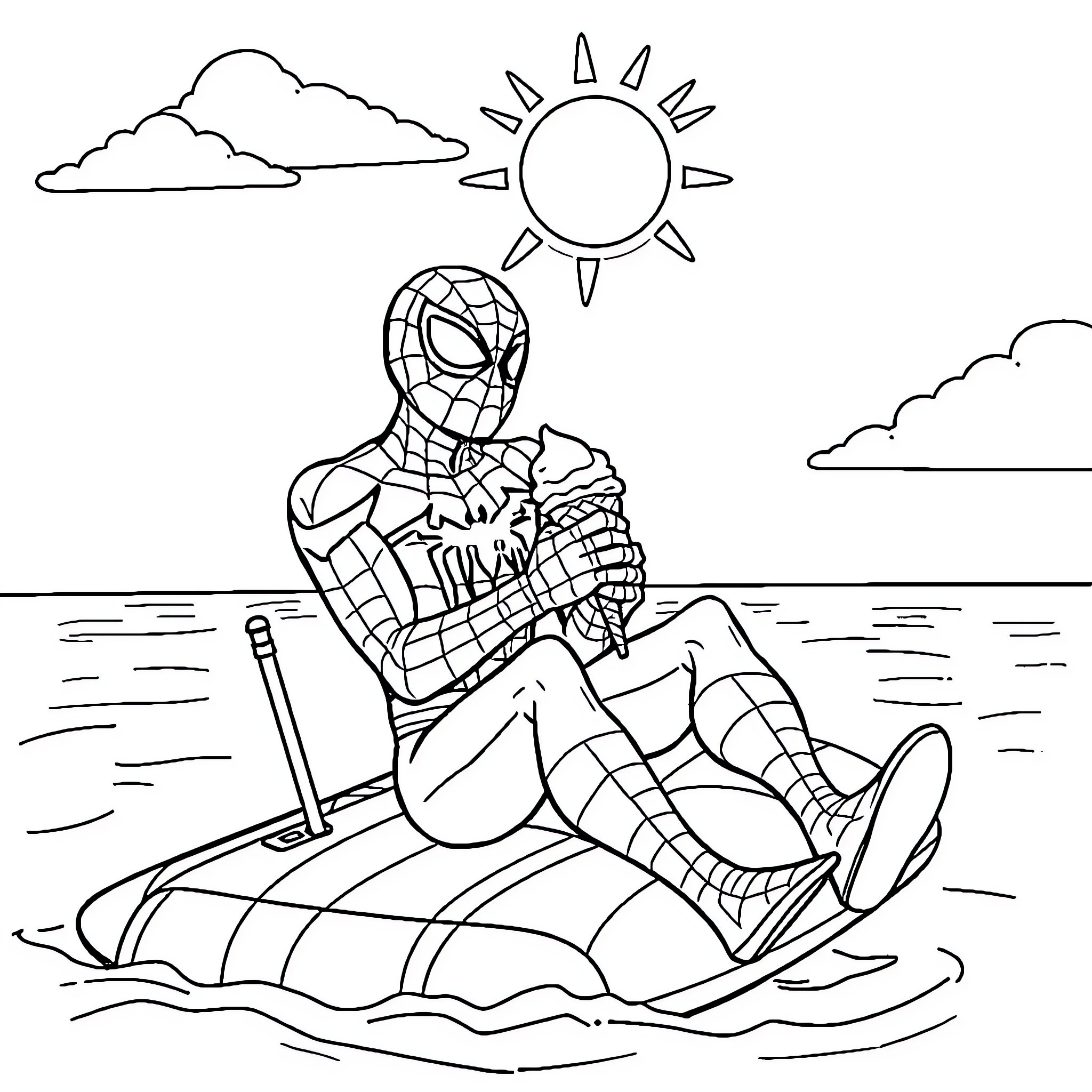 Spiderman relaxing on a beach towel Coloring Page (free black-and-white line drawing printable PDF for all, from beginners to advanced learners, including children, teens, adults, and seniors)