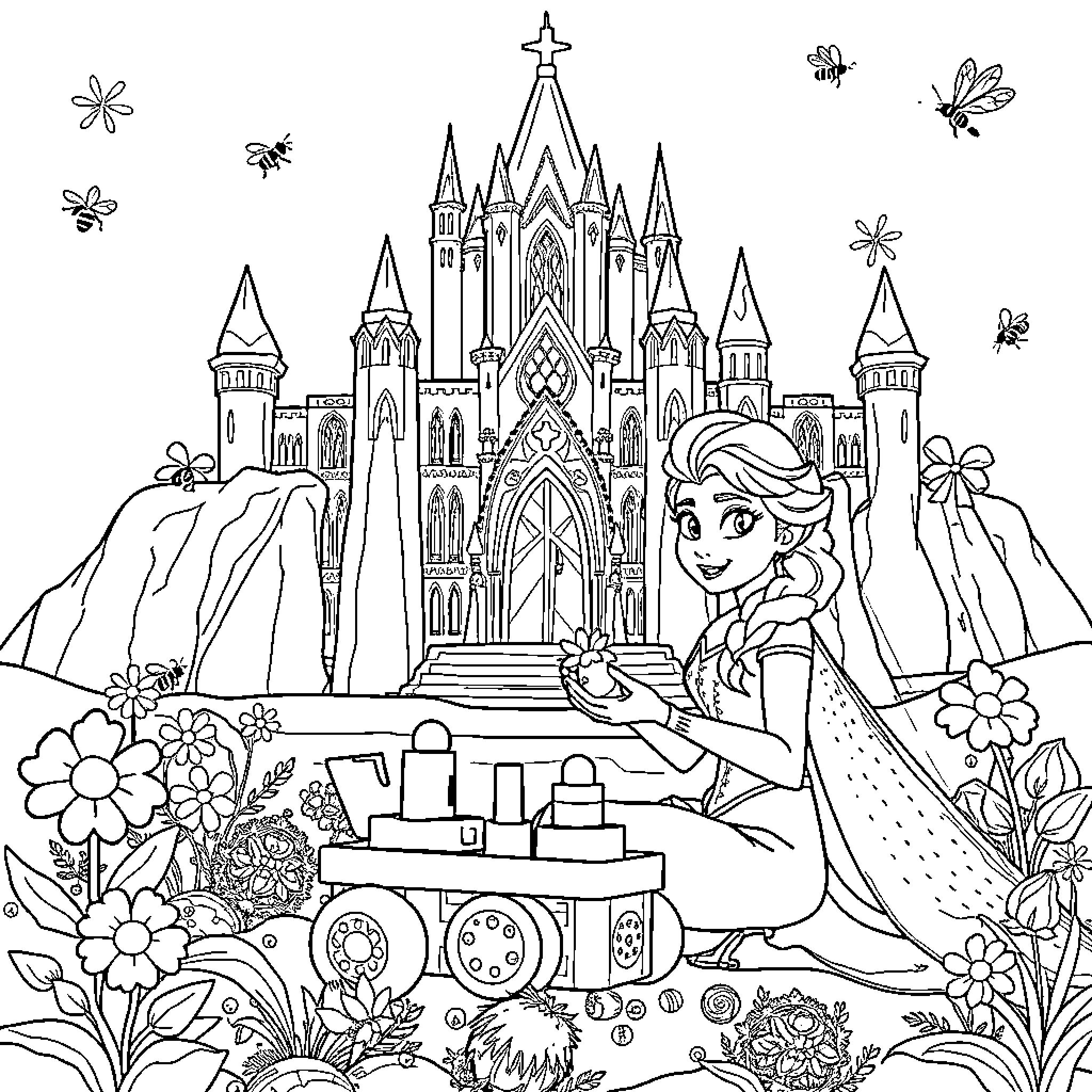 Ice Princess Exploring a Whimsical Castle Garden Coloring Page (free black-and-white line drawing printable PDF for all, from beginners to advanced learners, including children, teens, adults, and seniors)