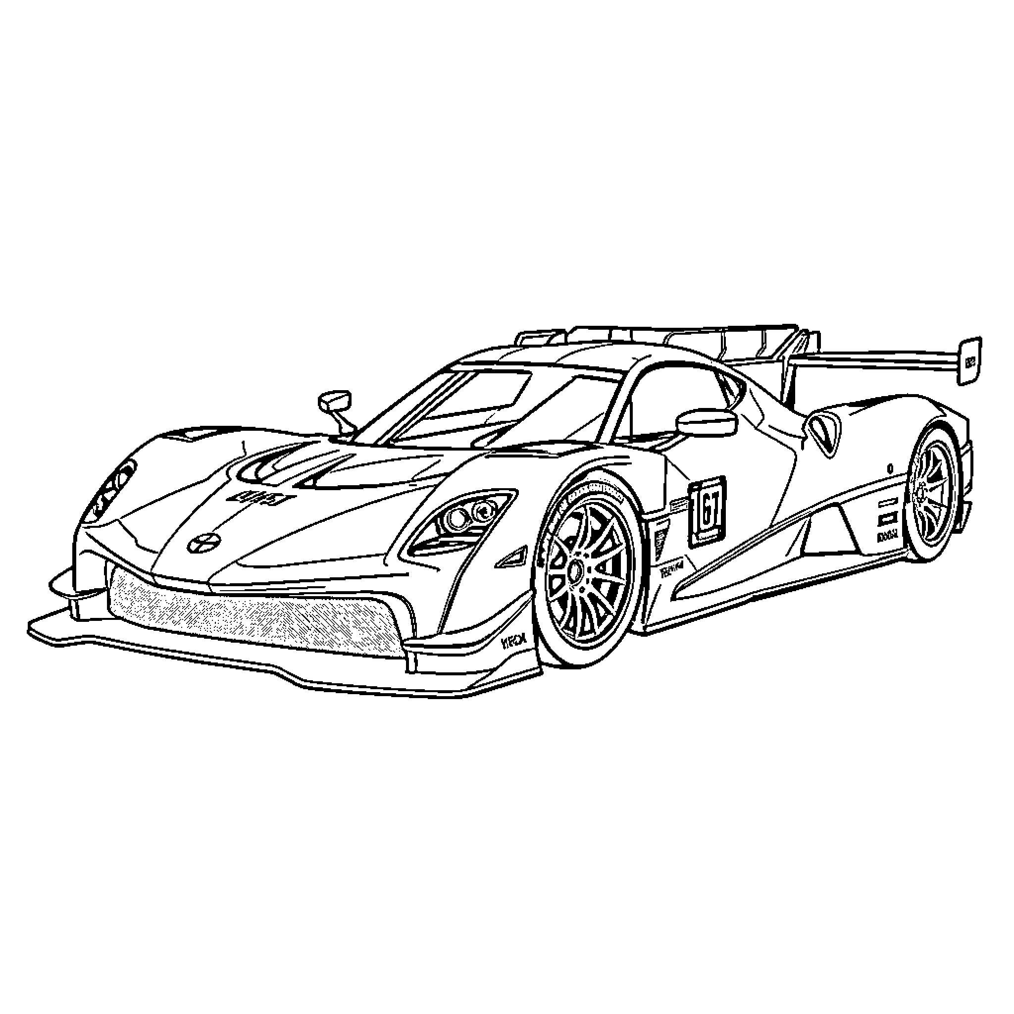 Hypercar race car on track with sporty design Coloring Page (free black-and-white line drawing printable PDF for all, from beginners to advanced learners, including children, teens, adults, and seniors)