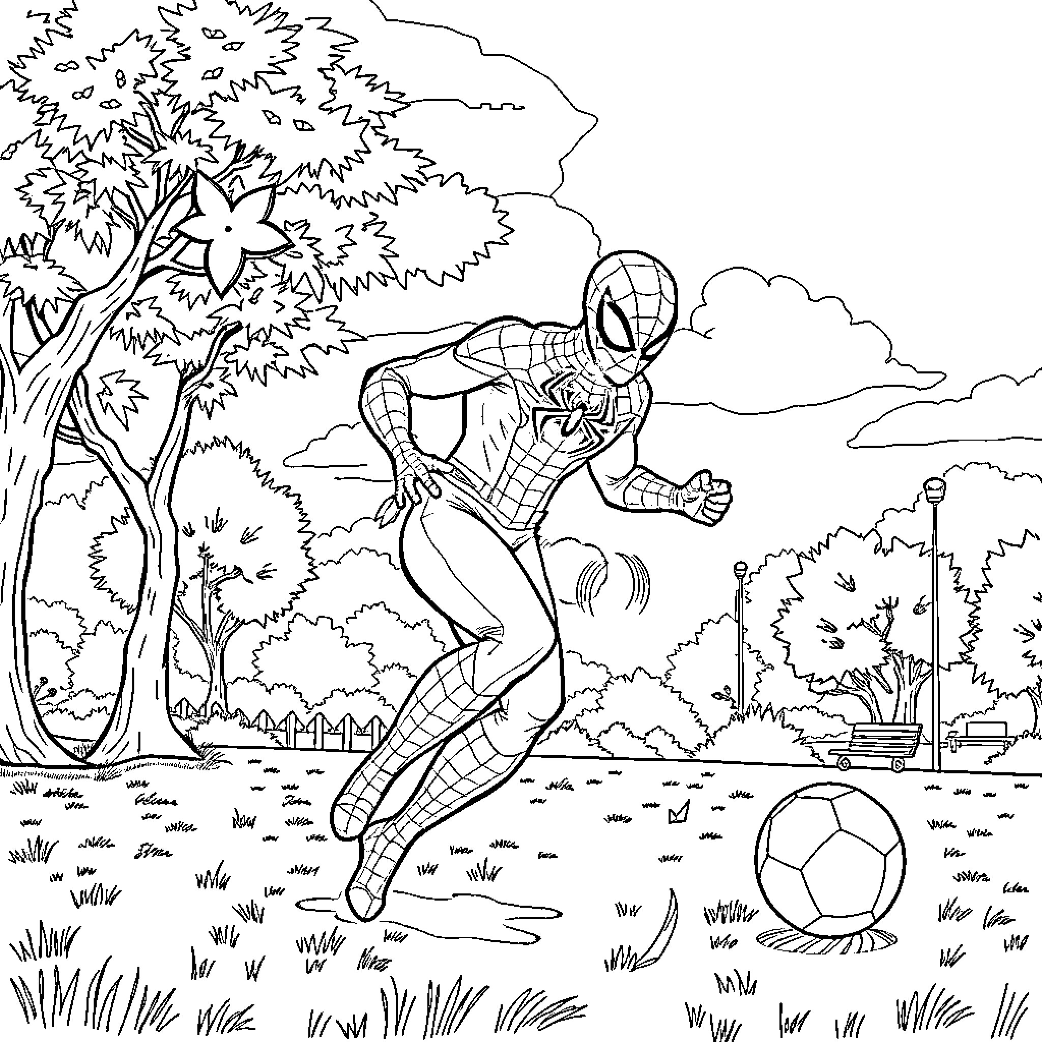 Spiderman playing with a soccer ball in the park Coloring Page (free black-and-white line drawing printable PDF for all, from beginners to advanced learners, including children, teens, adults, and seniors)