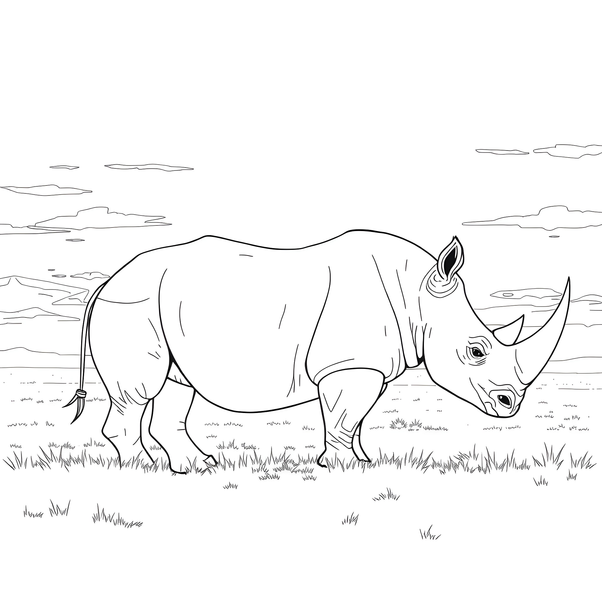Rhinoceros standing in a grassy field Coloring Page (free black-and-white line drawing printable PDF for all, from beginners to advanced learners, including children, teens, adults, and seniors)