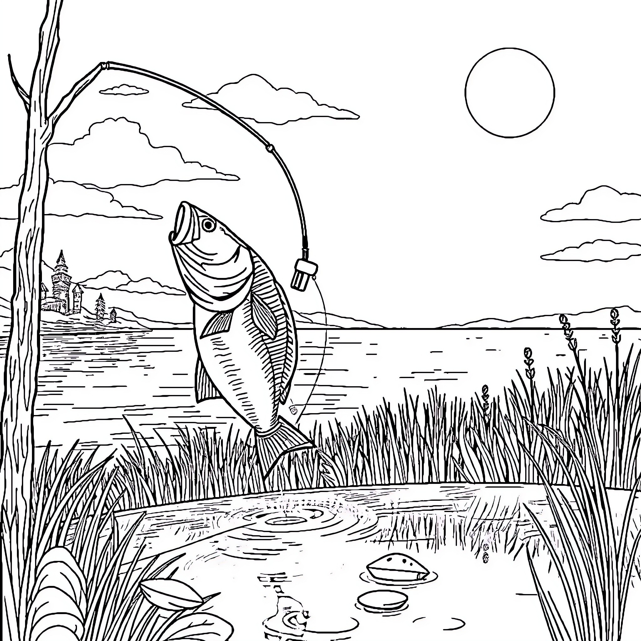 Bass fish jumping on fishing line in scenic landscape Coloring Page (free black-and-white line drawing printable PDF for all, from beginners to advanced learners, including children, teens, adults, and seniors)