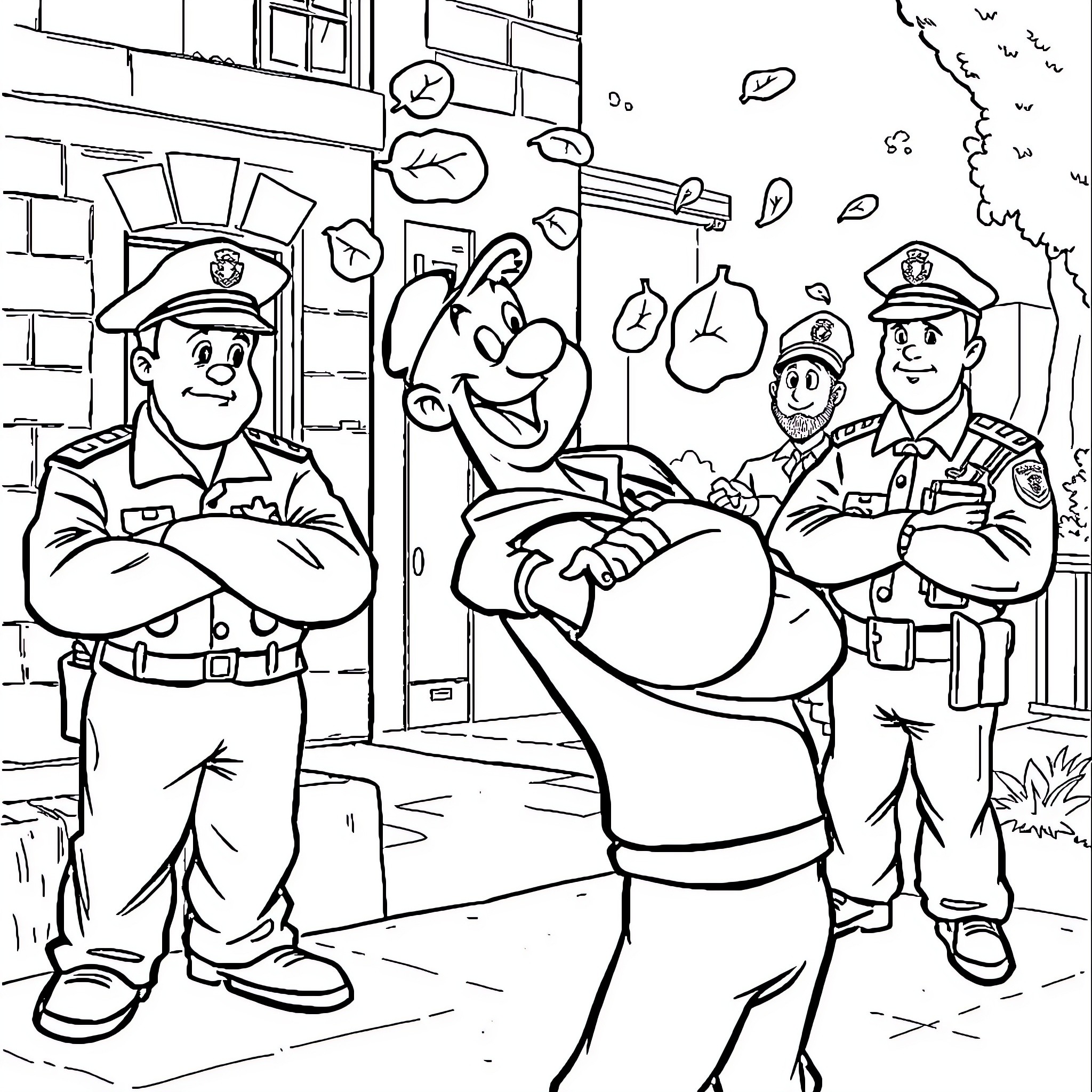 Popeye's Entertaining Encounter with the Police Coloring Page (free black-and-white line drawing printable PDF for all, from beginners to advanced learners, including children, teens, adults, and seniors)